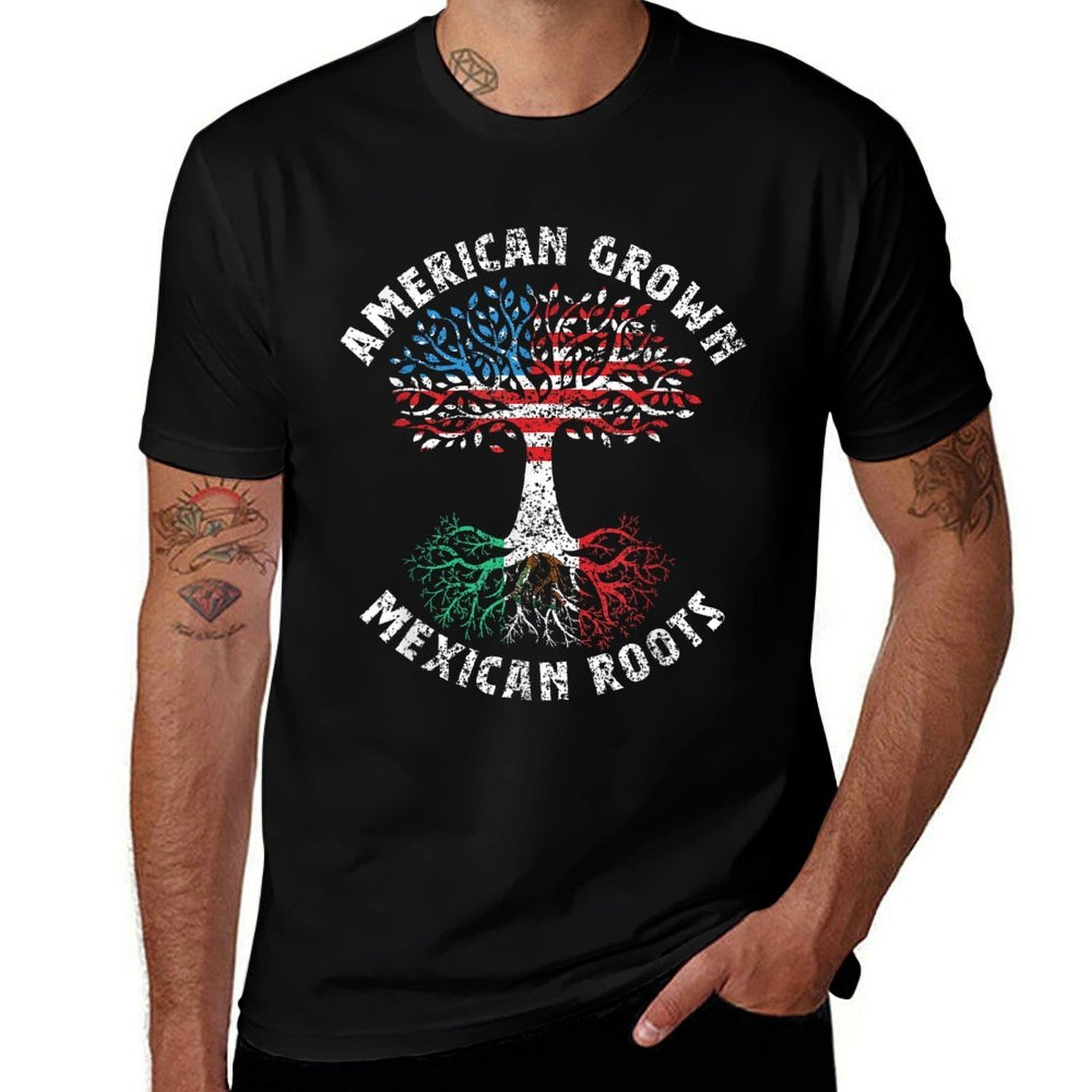 American Grown Mexican Roots Mexico Country Lover Proud Us  Fade-proof Color T-Shirt