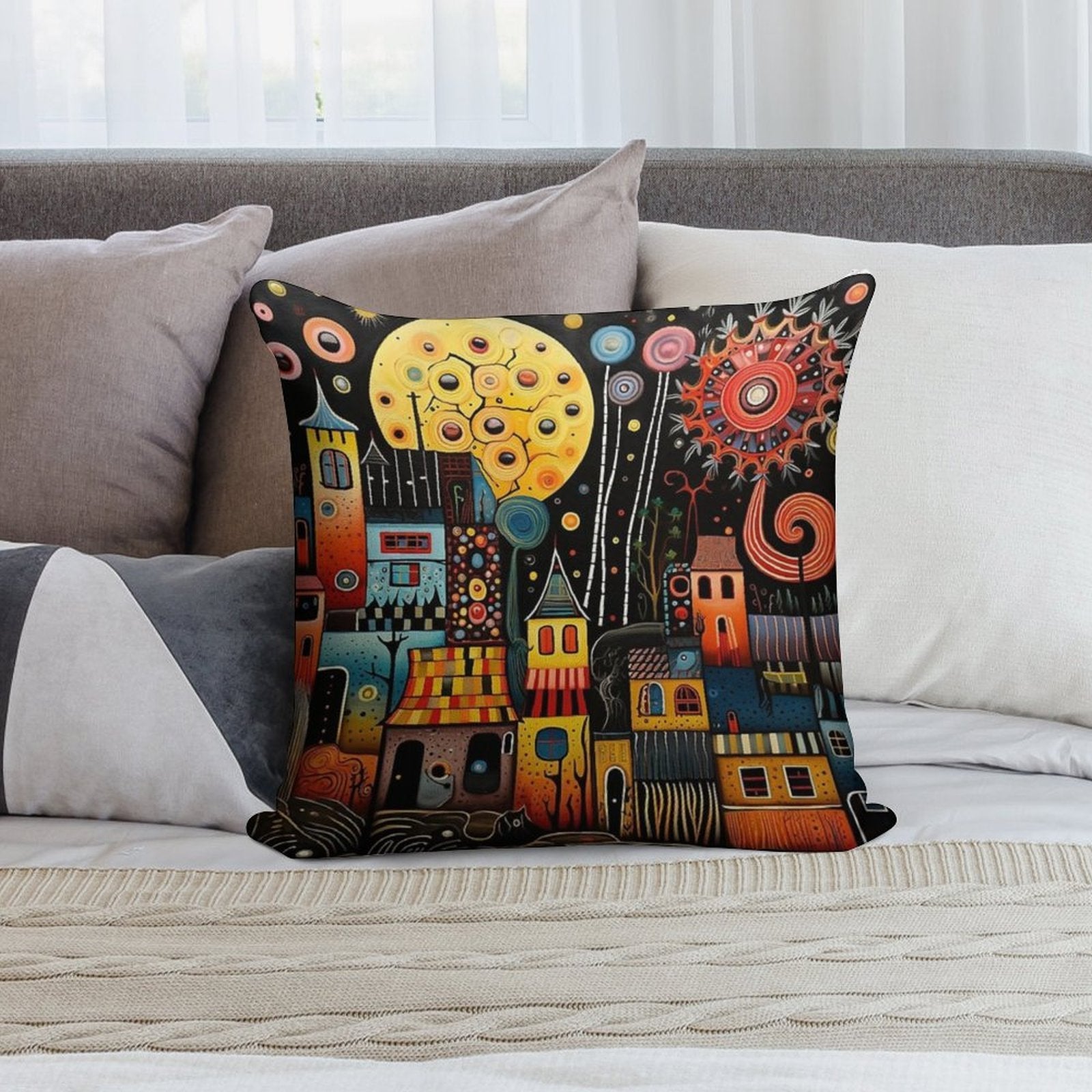 Abstract Folk Art Village Soft Anti-Pilling Throw Pillow