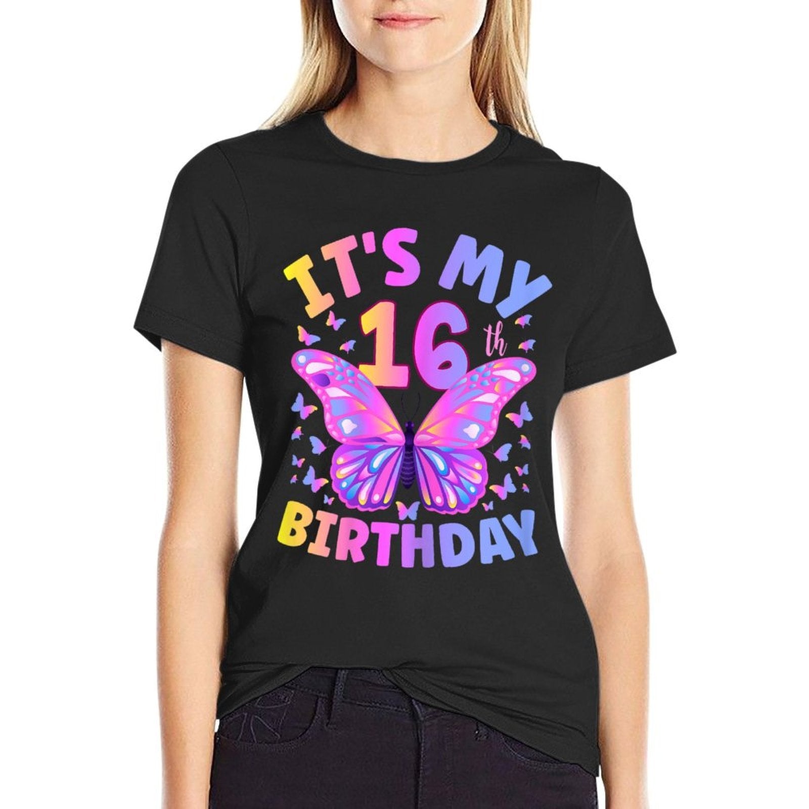 16th Birthday Girls 16 Year Old Butterfly Birthday  Rolled Sleeves T-Shirt