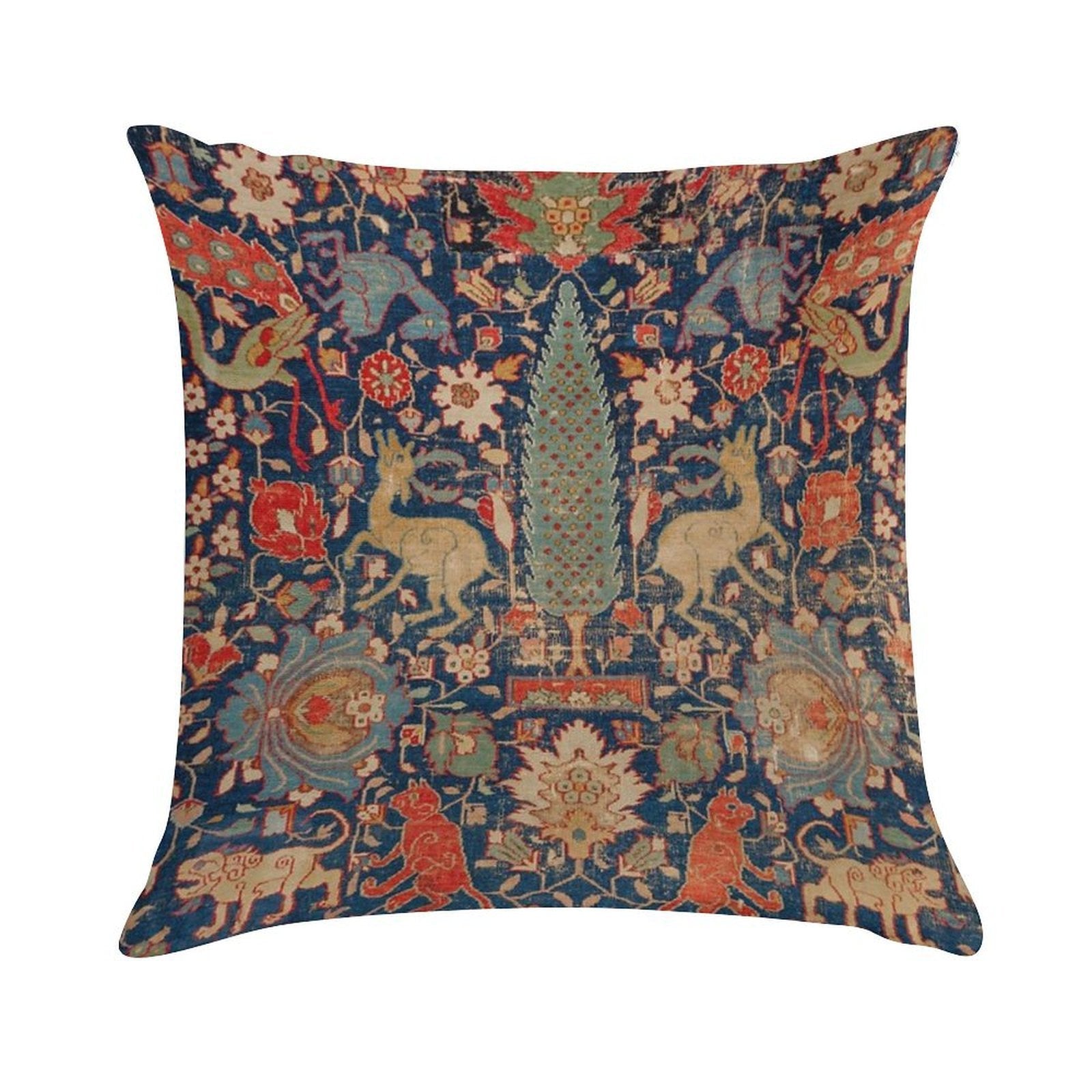 17th Century Persian Rug Print with Animals Soft Warmth Comfort Throw Pillow