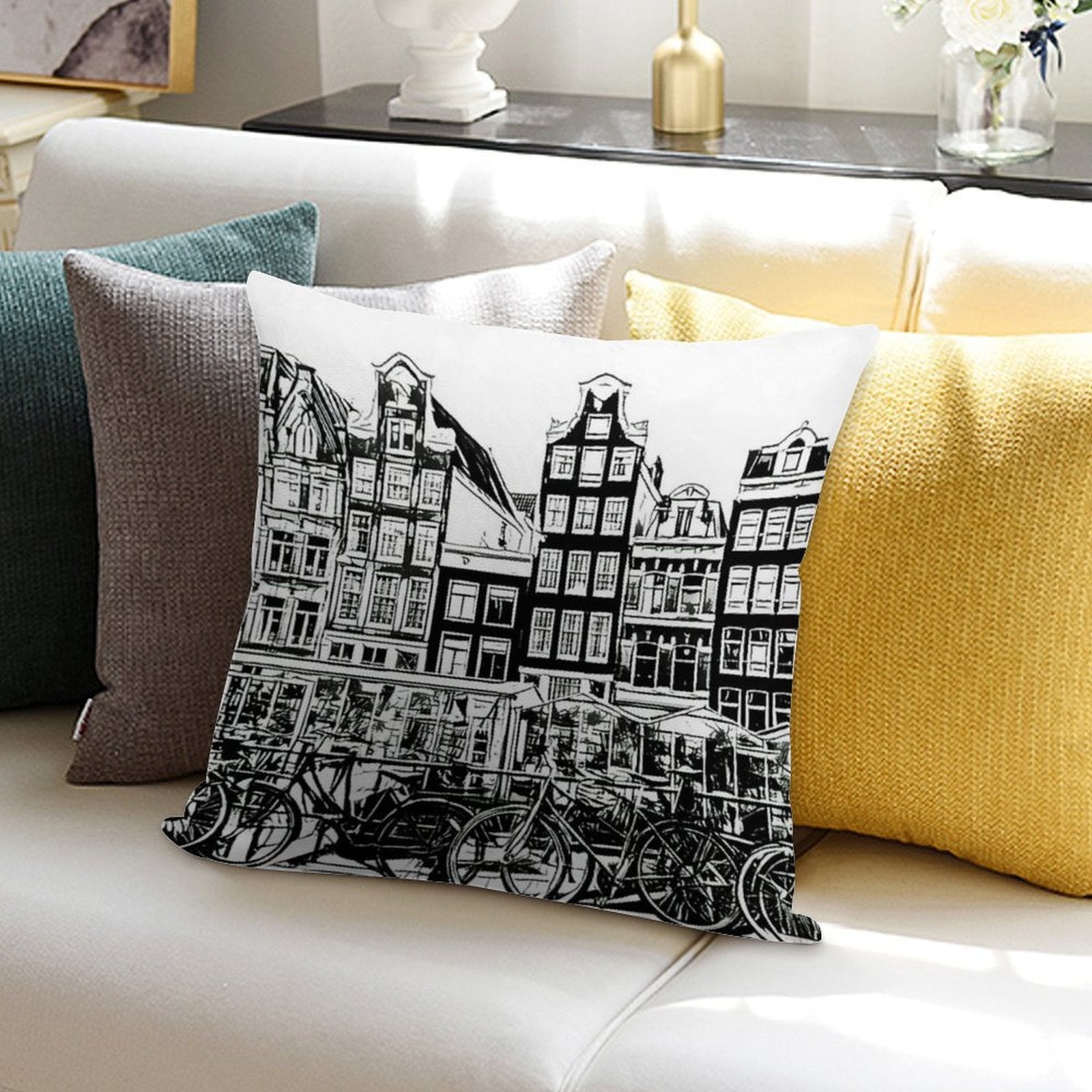 Amsterdam Row Houses, Black And White Soft Hidden Zipper Throw Pillow