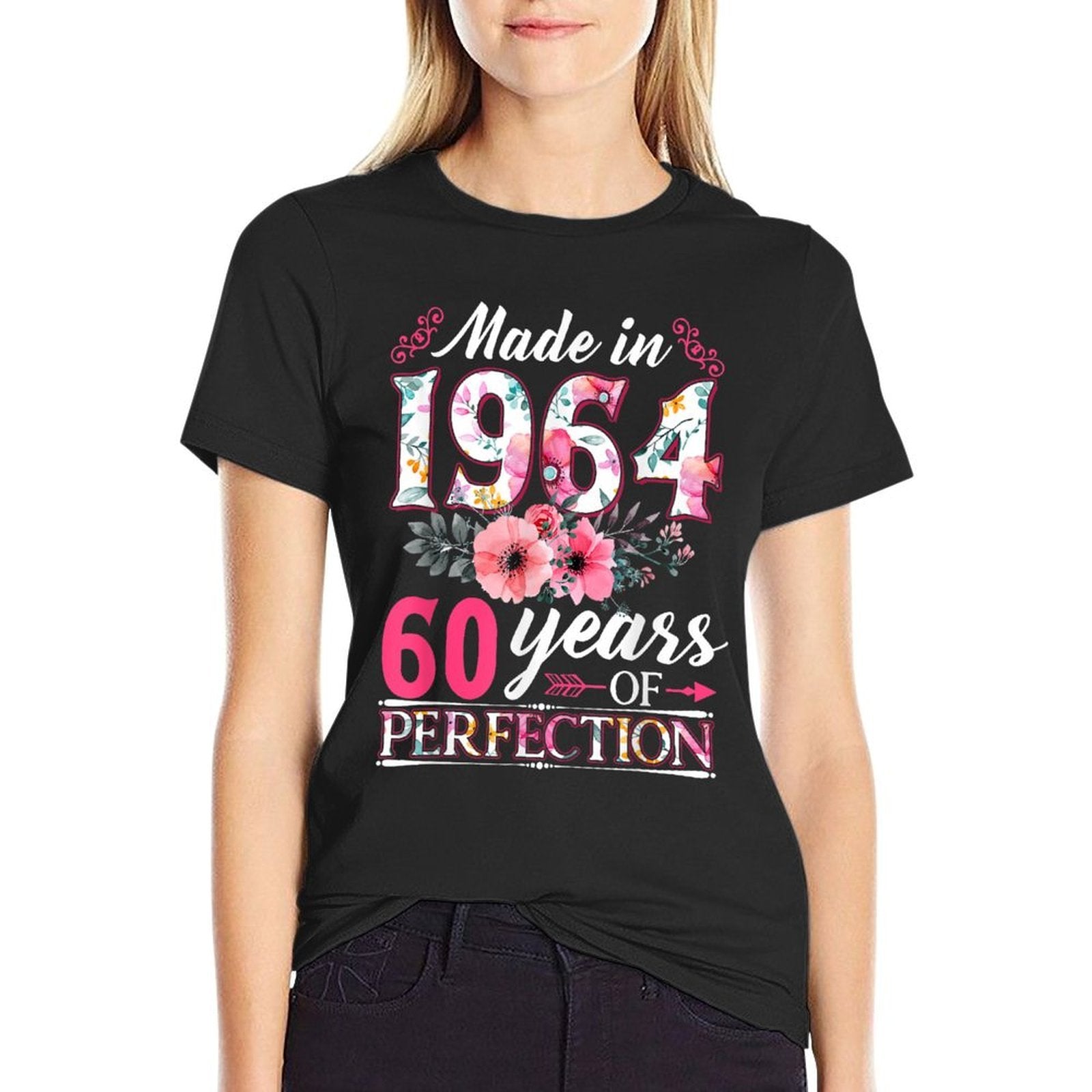 60 Year Old Made In 1964 Floral Flower 60th Birthday Womens  Wrinkle-resistant T-Shirt