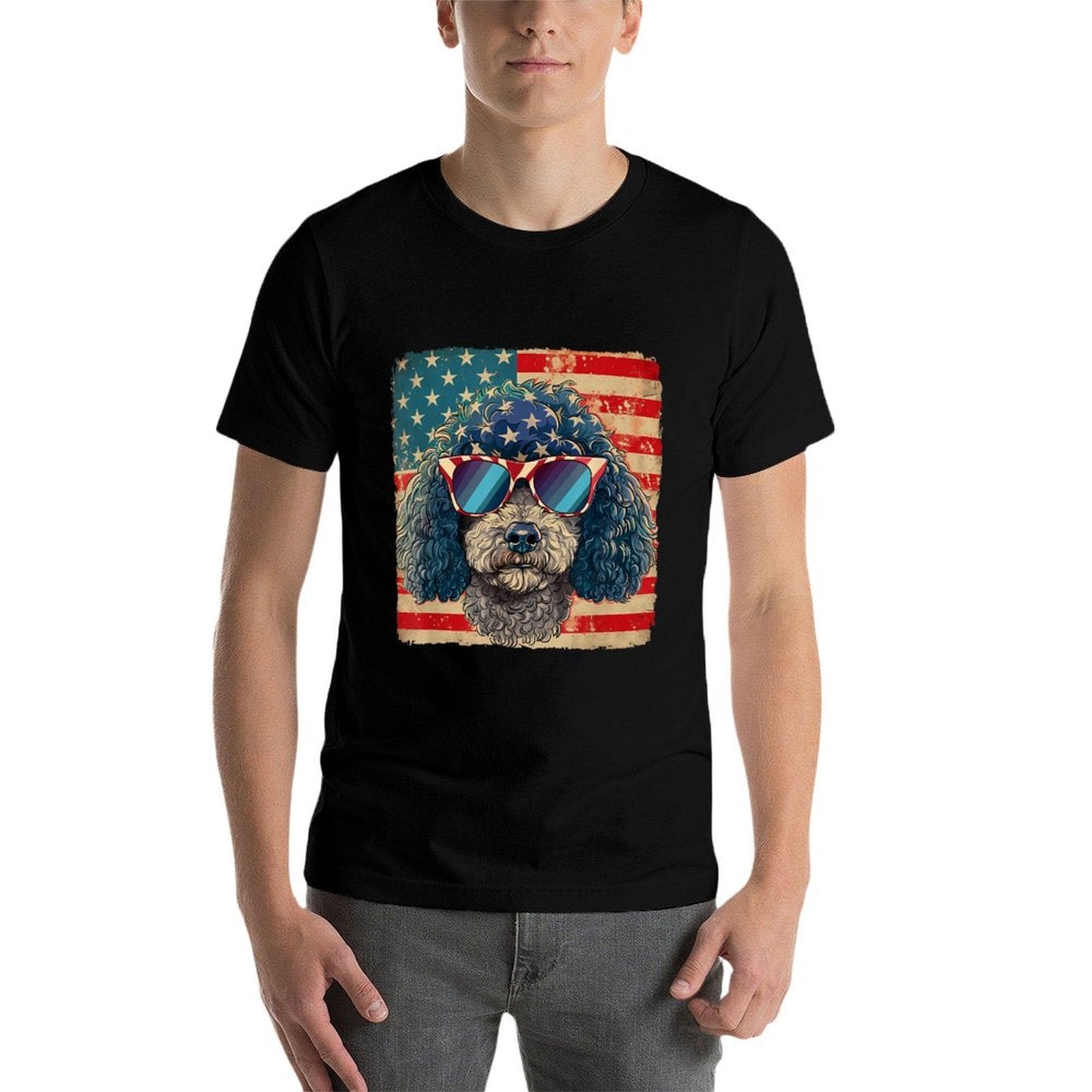 American Star Stripes Poodle Dog 4th of July Men Women  Eco-friendly Material T-Shirt