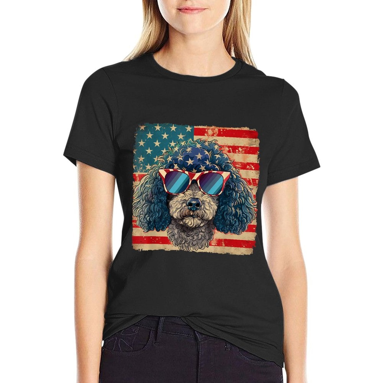 American Star Stripes Poodle Dog 4th of July Men Women  Eco-friendly Material T-Shirt