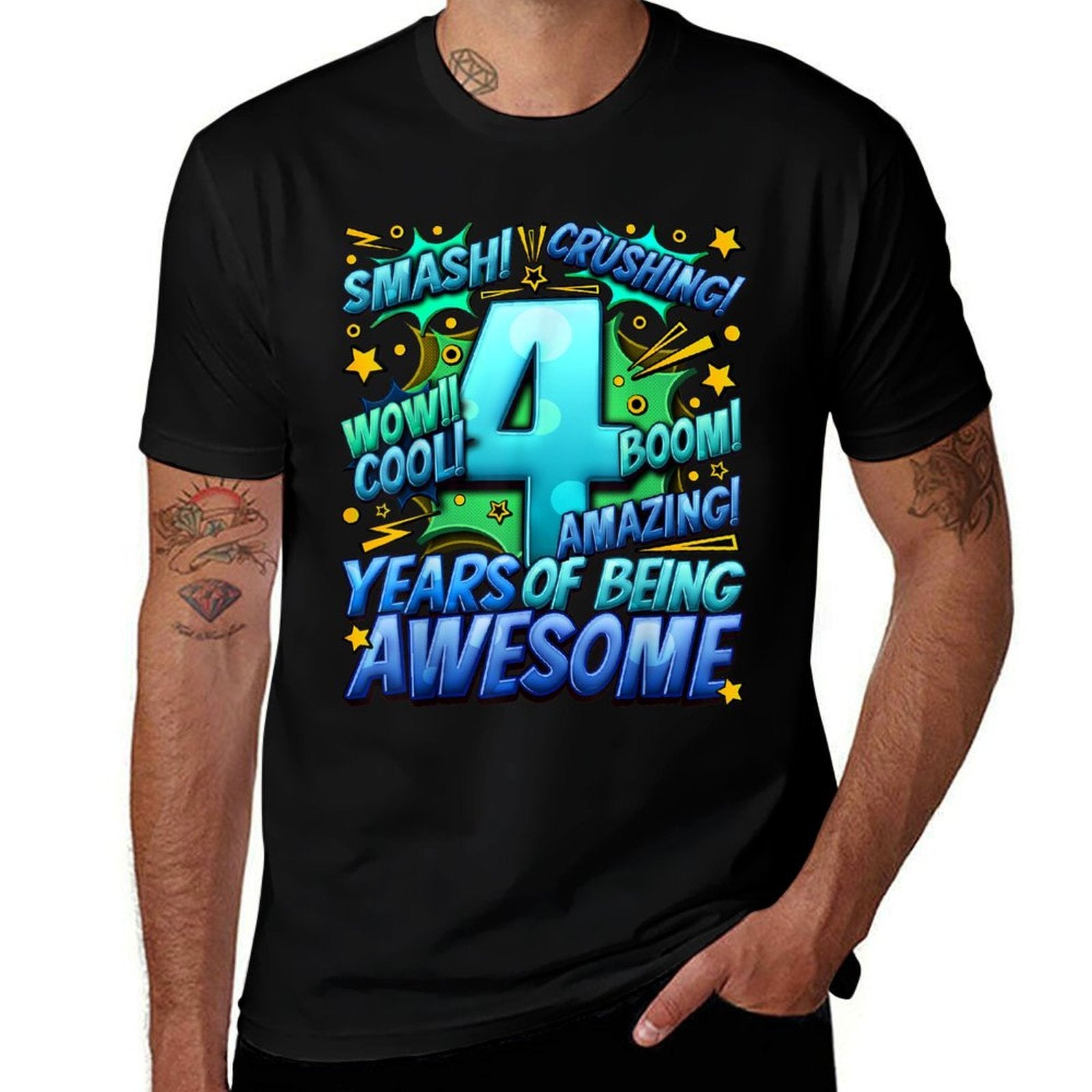 4th Birthday Comic Style Awesome Since 2019 4 Year Old Boy  Durable T-Shirt