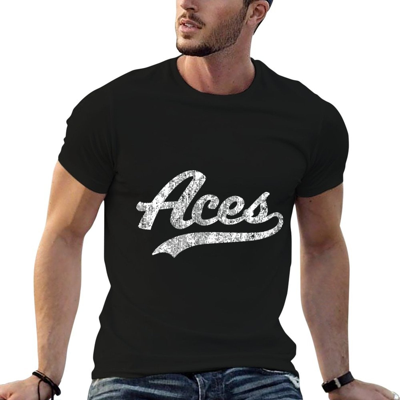 Aces T Vintage Sports Name Design  Ribbed Collar T-Shirt