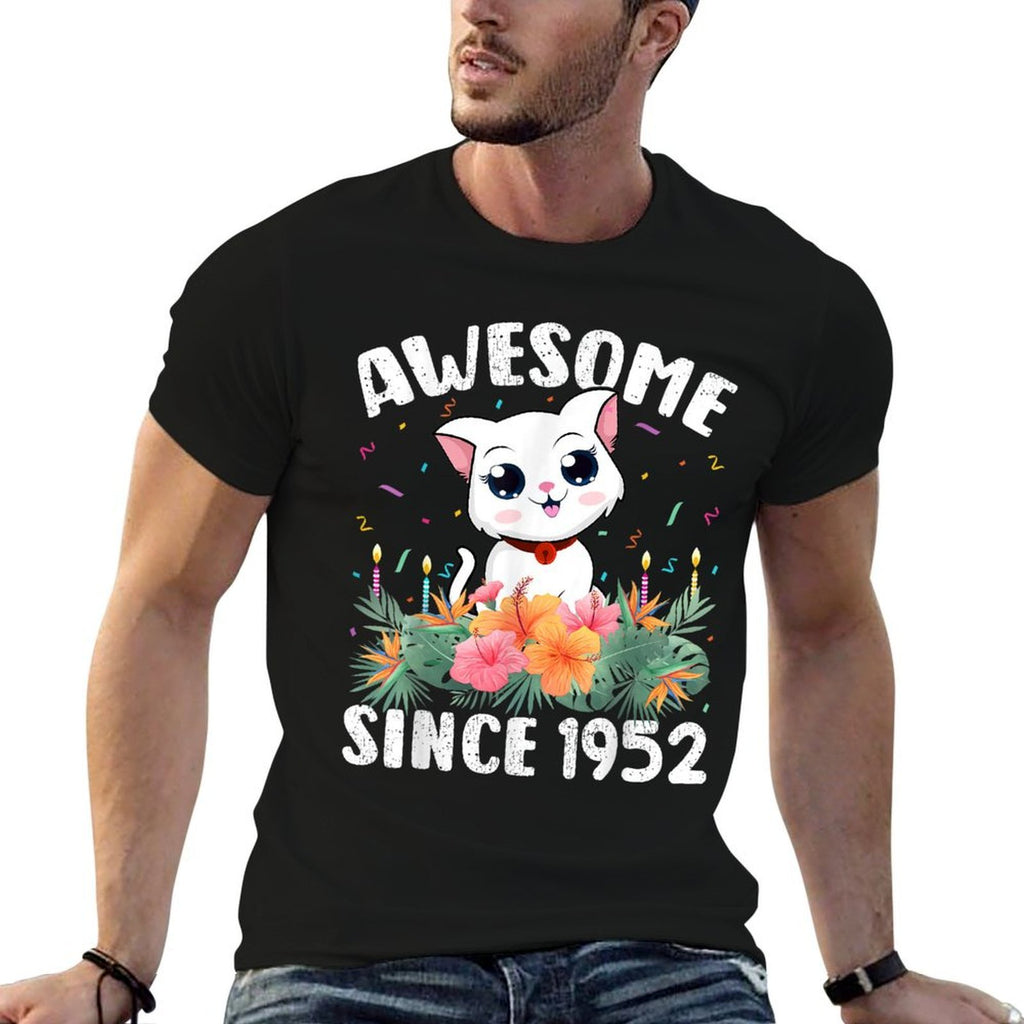 70 Years Old Cat Lover Awesome Since 1952 70th Birthday  Ribbed Collar T-Shirt