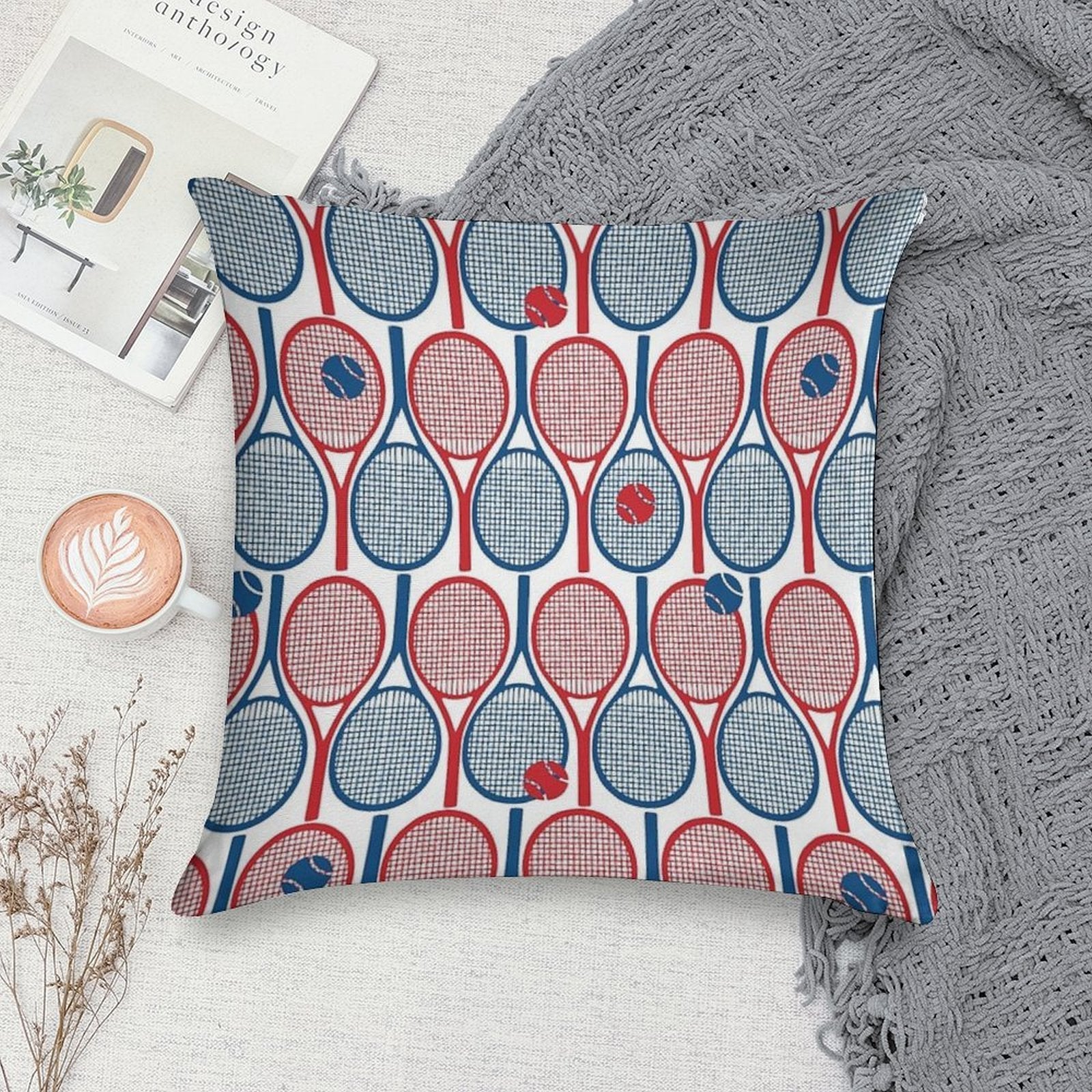 All Tennis Rackets Pattern Red And Navy Blue on White Backbround Soft Decorative Cover Throw Pillow