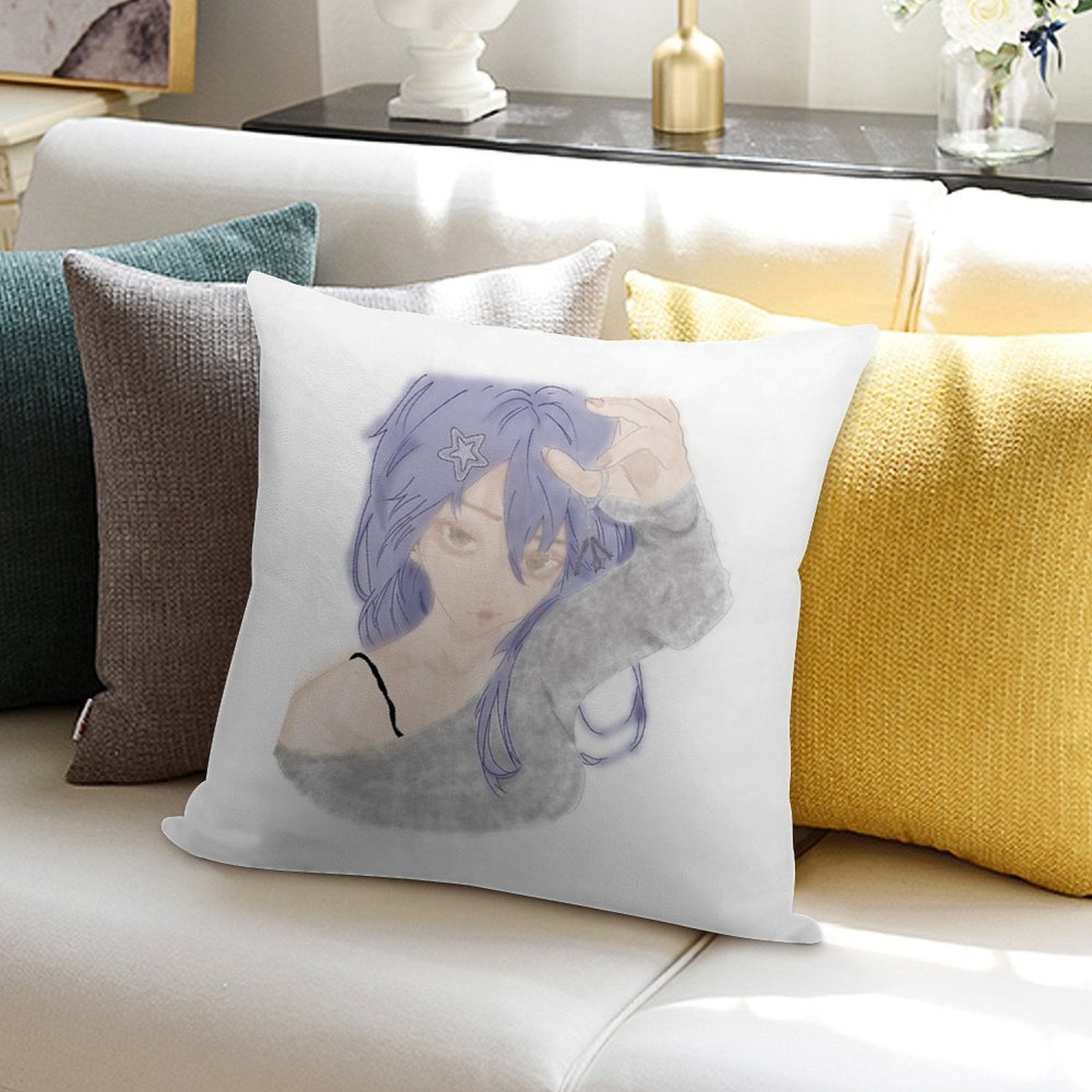Anime Girl Soft Short Plush Fabric Throw Pillow
