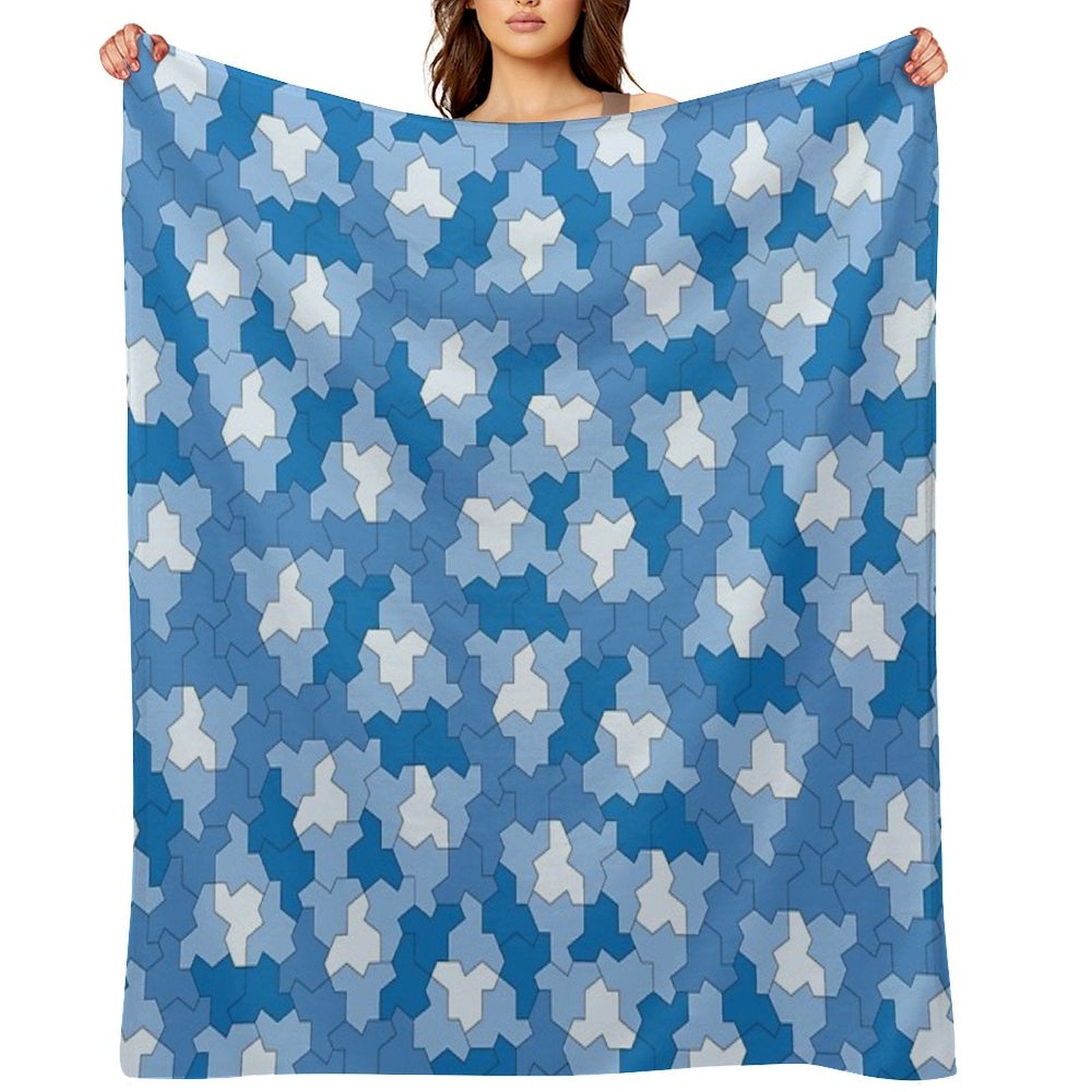 Aperiodic Monotile Einstein Tiles, Einstein Shapes in Shades of Blue Machine-washable Throw Blanket