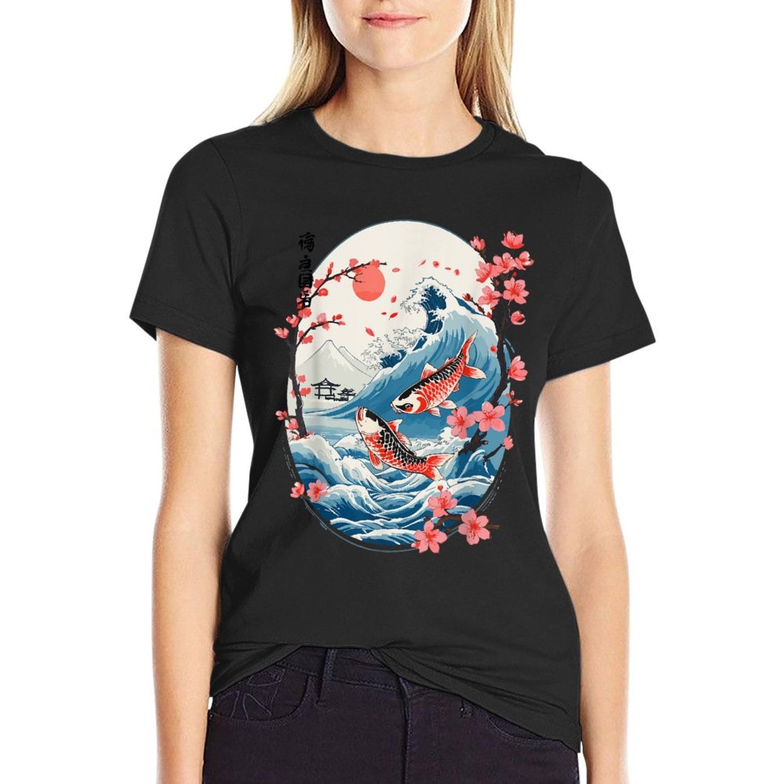 Asian Aesthetic Koi Carp Cherry Blossom Landscape  Summer-ready Fabric T-Shirt