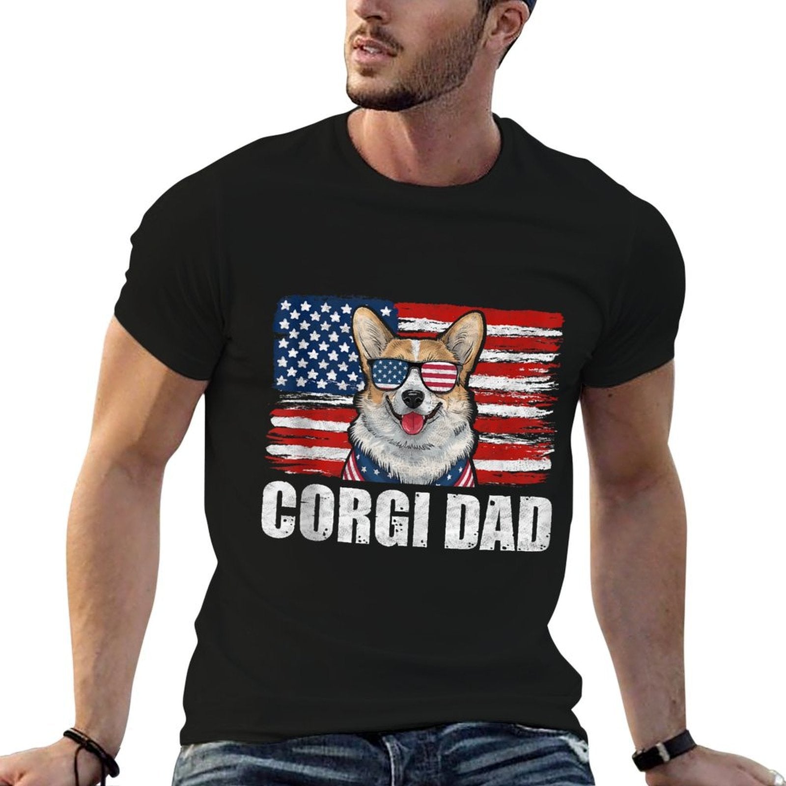 American Patriotic Dog Lover 4th of July - Corgi Dad  Rolled Sleeves T-Shirt