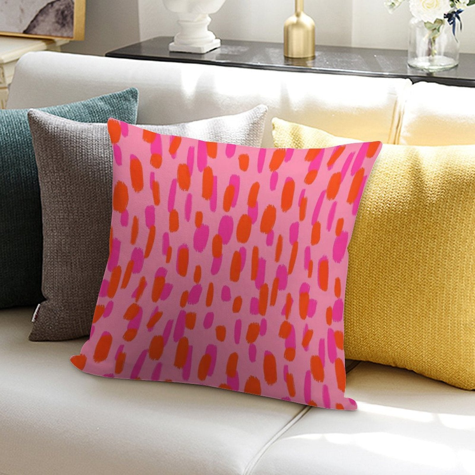 Abstract, Pink And Orange, Paint Brush Effect in Pink Soft Bedroom Essential Throw Pillow