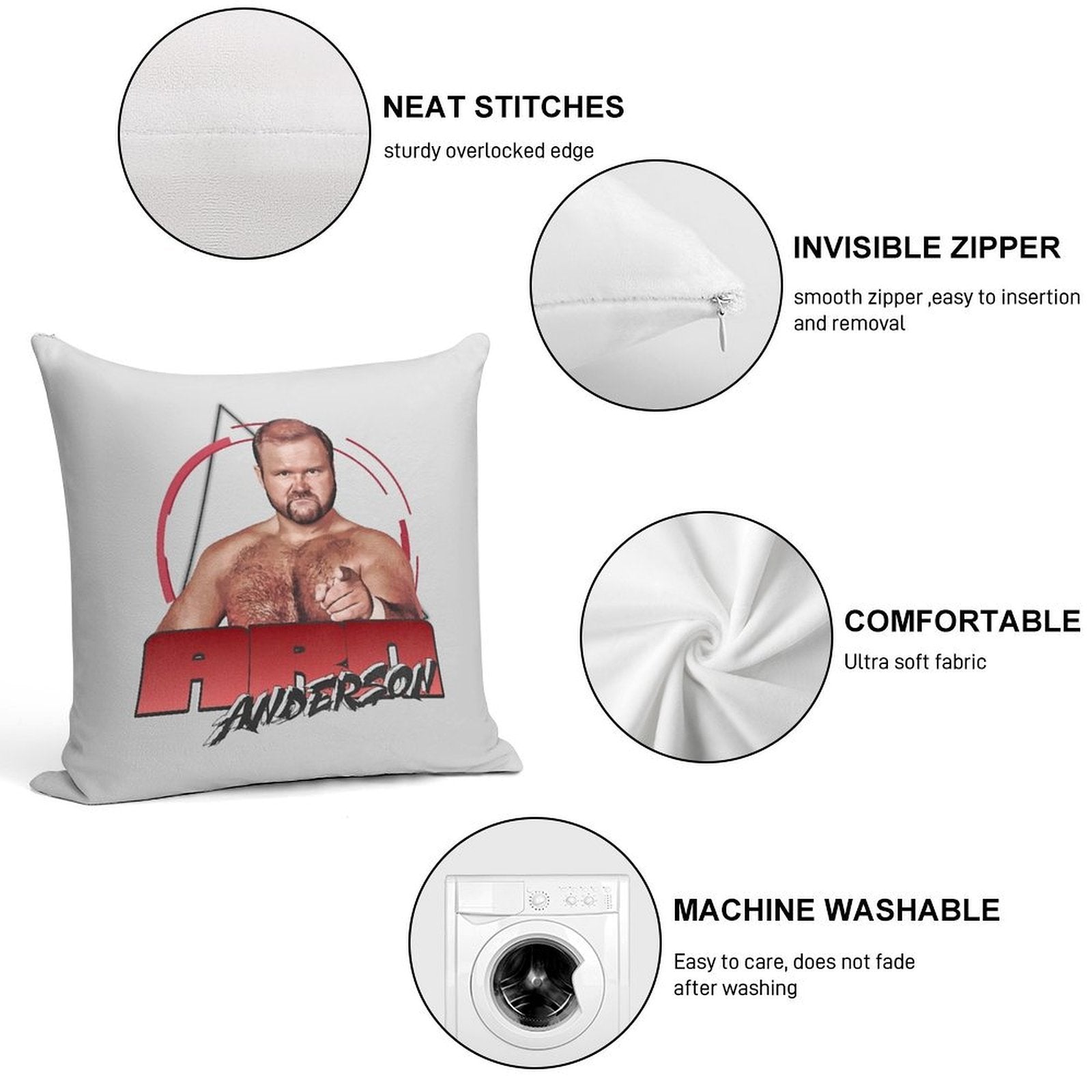 Arn Anderson 70s80s Vintage Pro Wrestling Soft Washable Throw Pillow