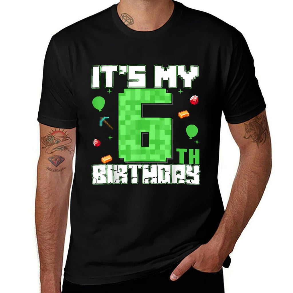 6th Birthday Kids It's My 6 Birthday Boy Pixel Number Party  High-quality Stitching T-Shirt