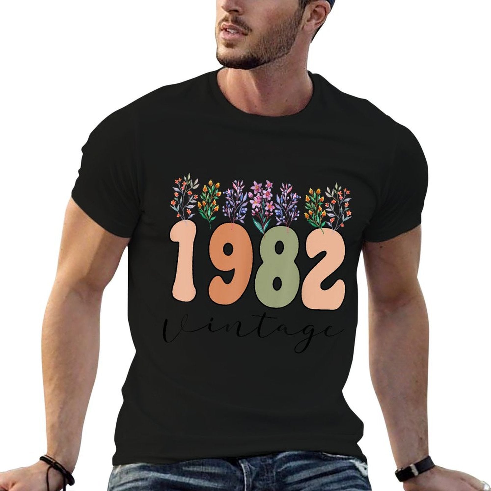 1982 Vintage Year 1982 Birthday Flower  High-quality Stitching T-Shirt