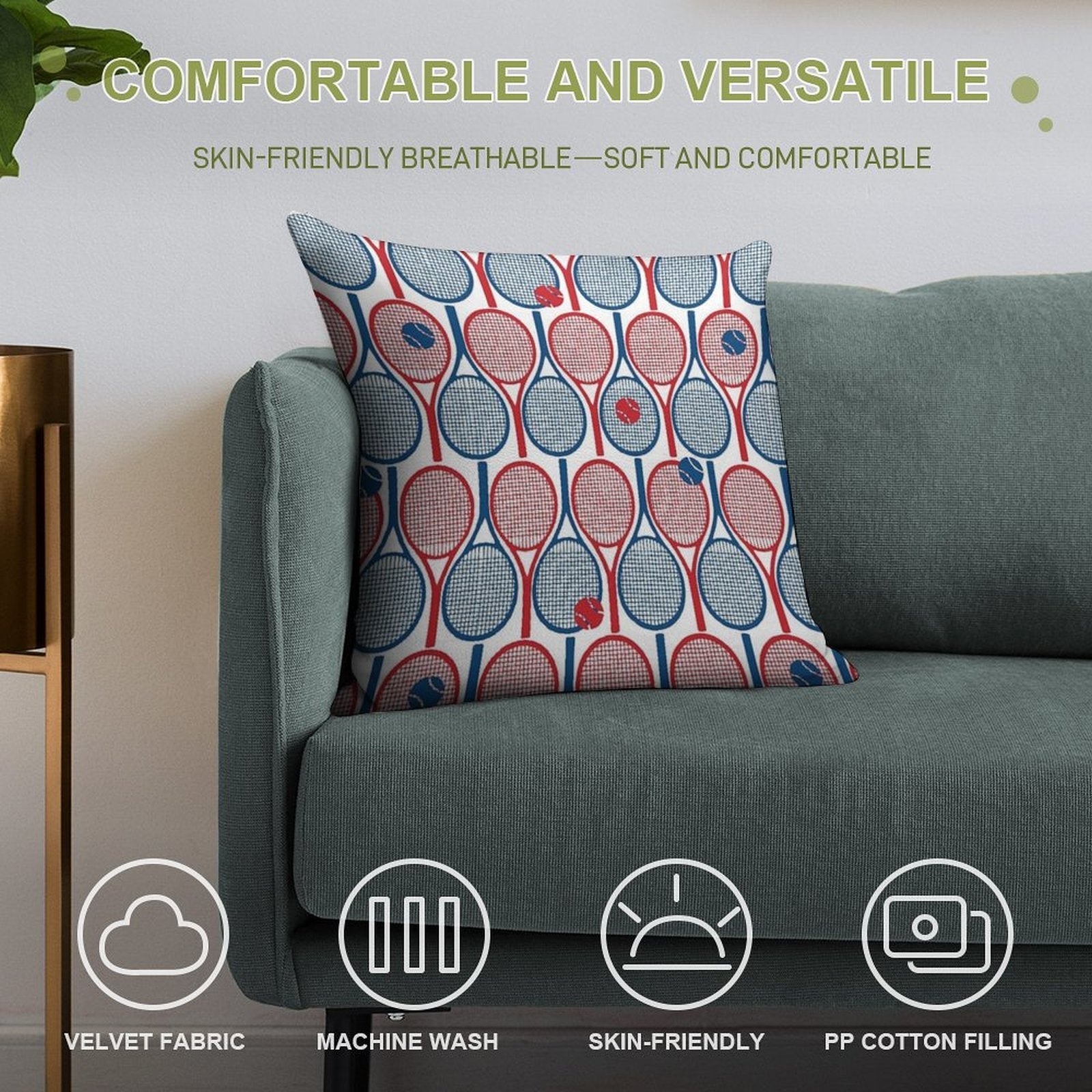 All Tennis Rackets Pattern Red And Navy Blue on White Backbround Soft Decorative Cover Throw Pillow