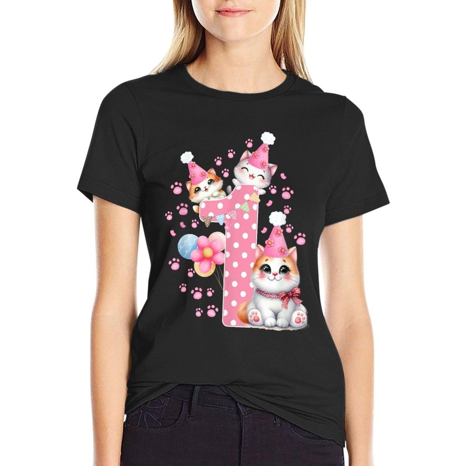 1st Birthday Girl Cute Cat Outfit Bday Party 1 Years Old  Polyester Blend T-Shirt