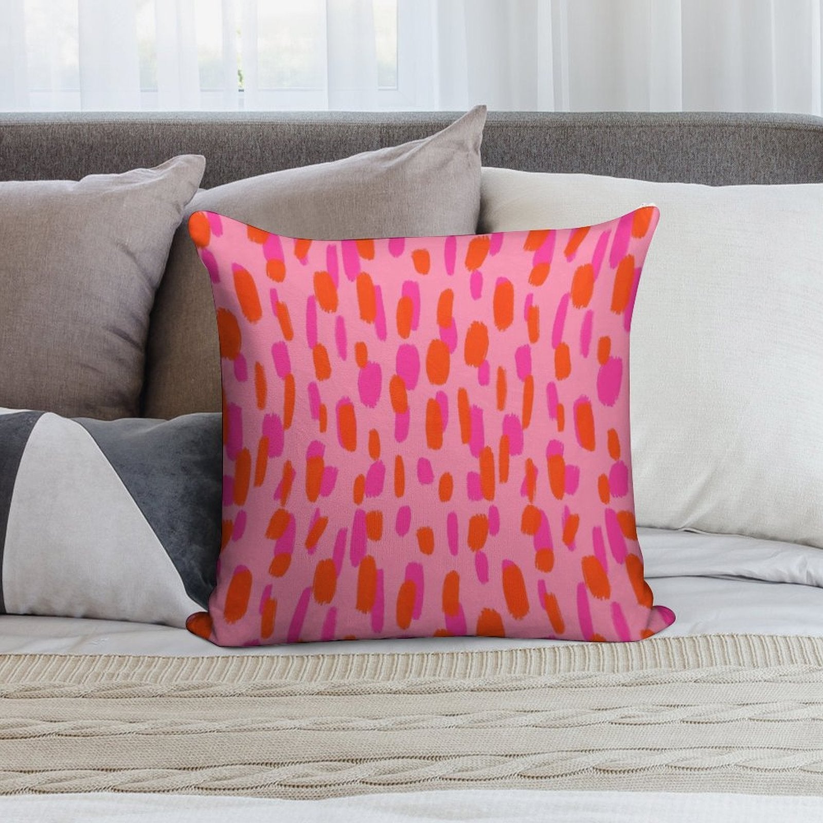 Abstract, Pink And Orange, Paint Brush Effect in Pink Soft Bedroom Essential Throw Pillow
