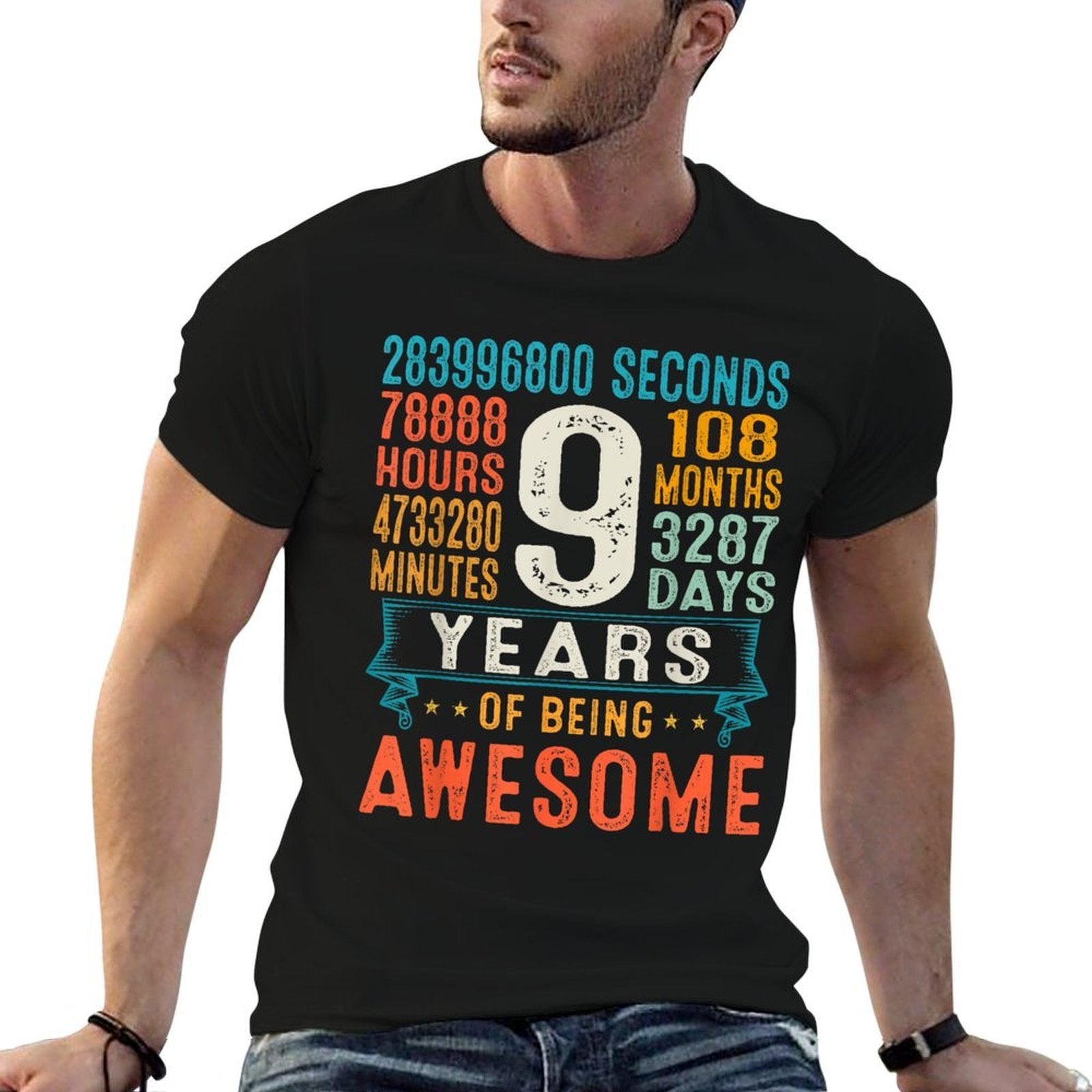 9 Years Old Retro Distressed 9th Birthday Gifts 108 Months  High-quality Stitching T-Shirt