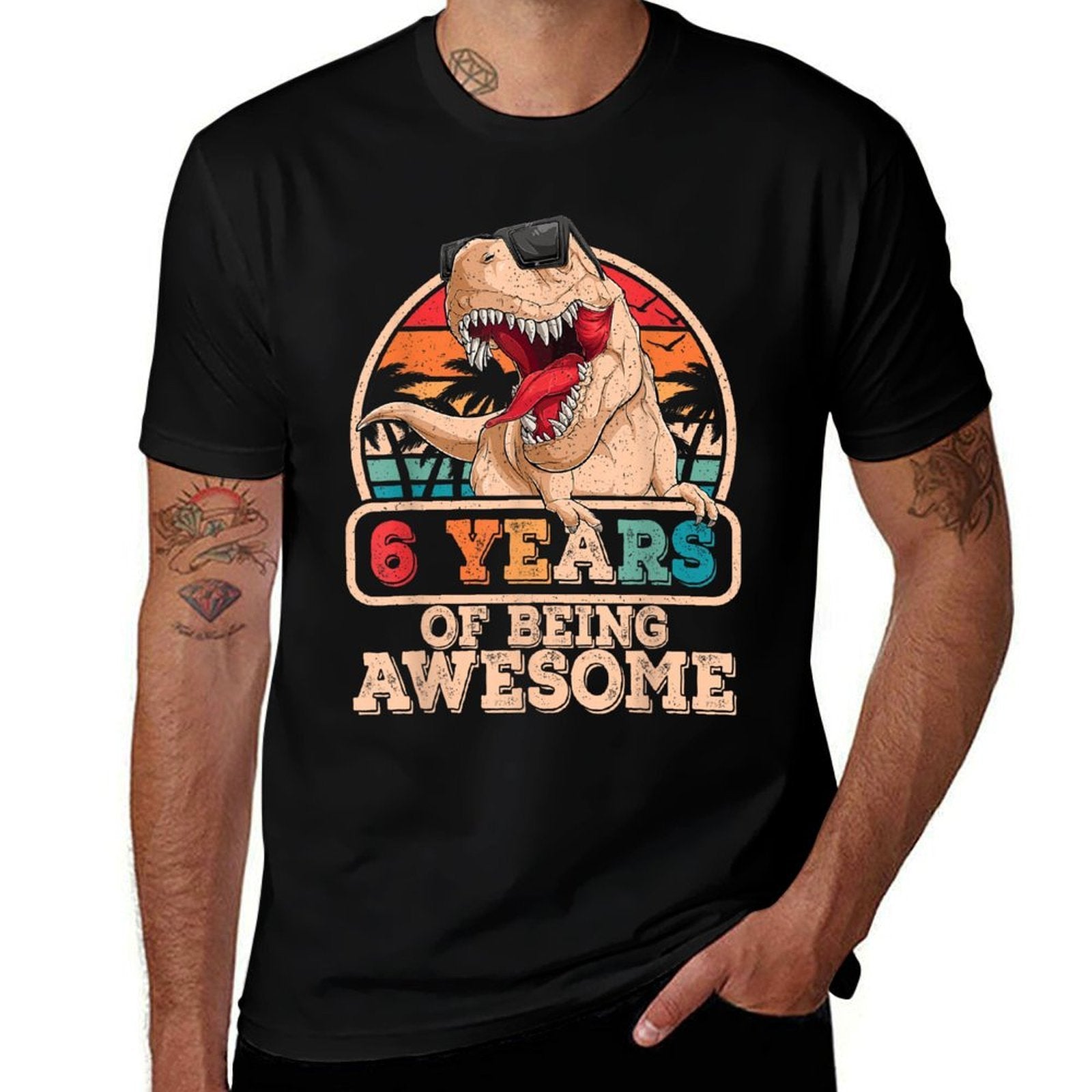 6 Years Awesome T Rex Dinosaur 6th Birthday Dino Boys Kids  Slim-fit Cut T-Shirt