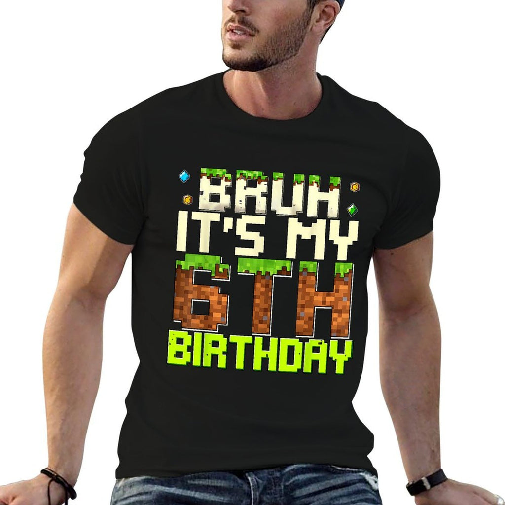 6th Birthday Boy Bruh It's My 6th Birthday Gamer Pixel  Heathered Texture T-Shirt