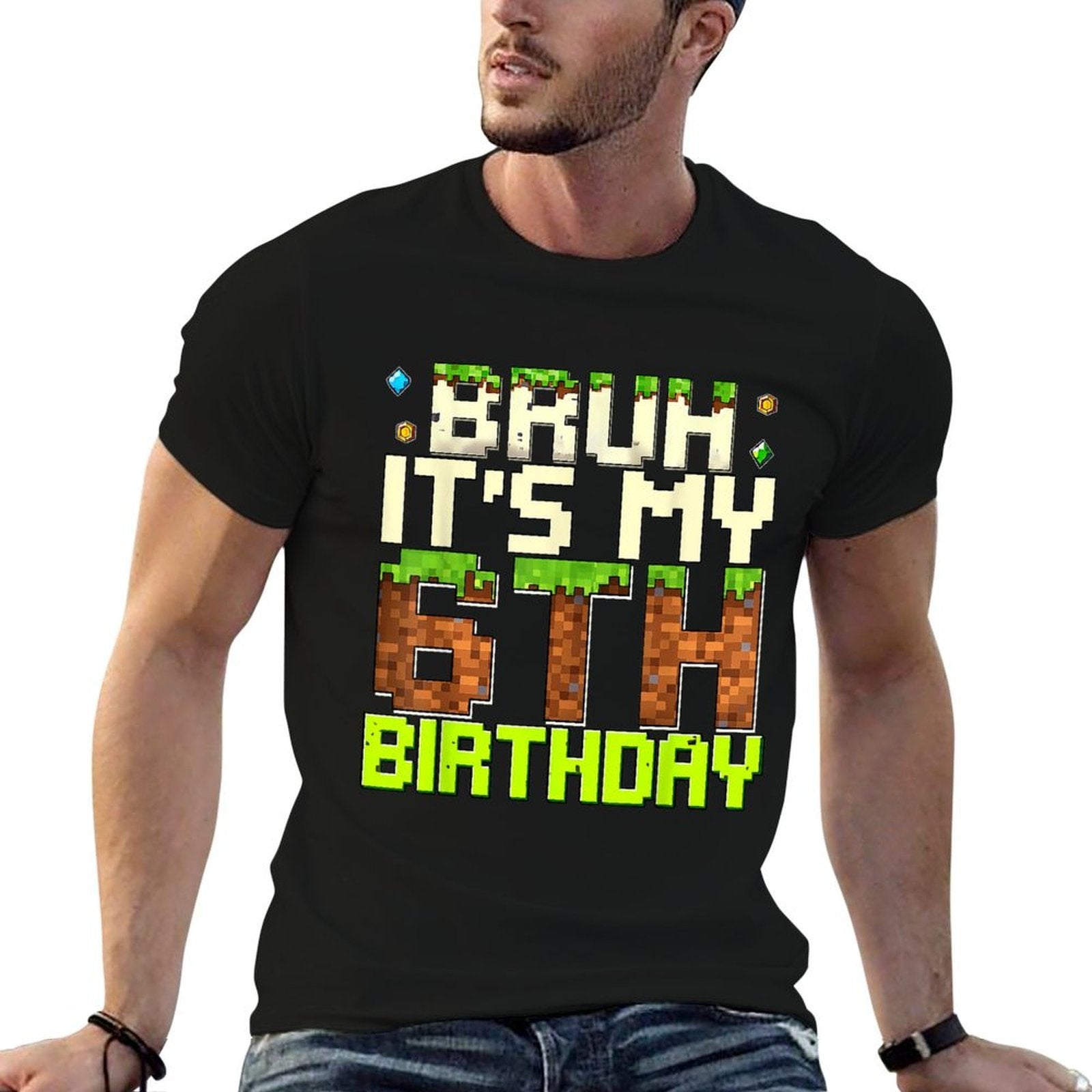 6th Birthday Boy Bruh It's My 6th Birthday Gamer Pixel  Heathered Texture T-Shirt