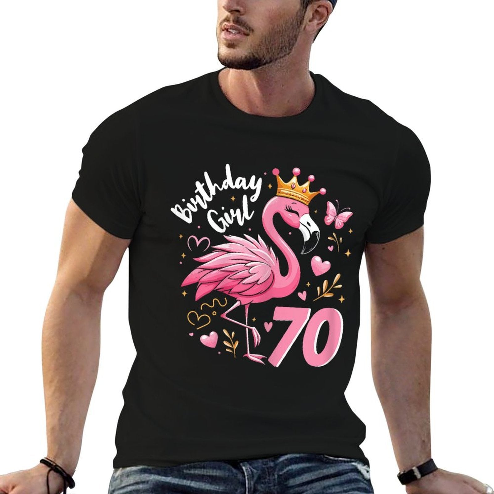 70th Birthday Gift Flamingo Fan 70 Year Old Women 70th Bday  High-quality Stitching T-Shirt