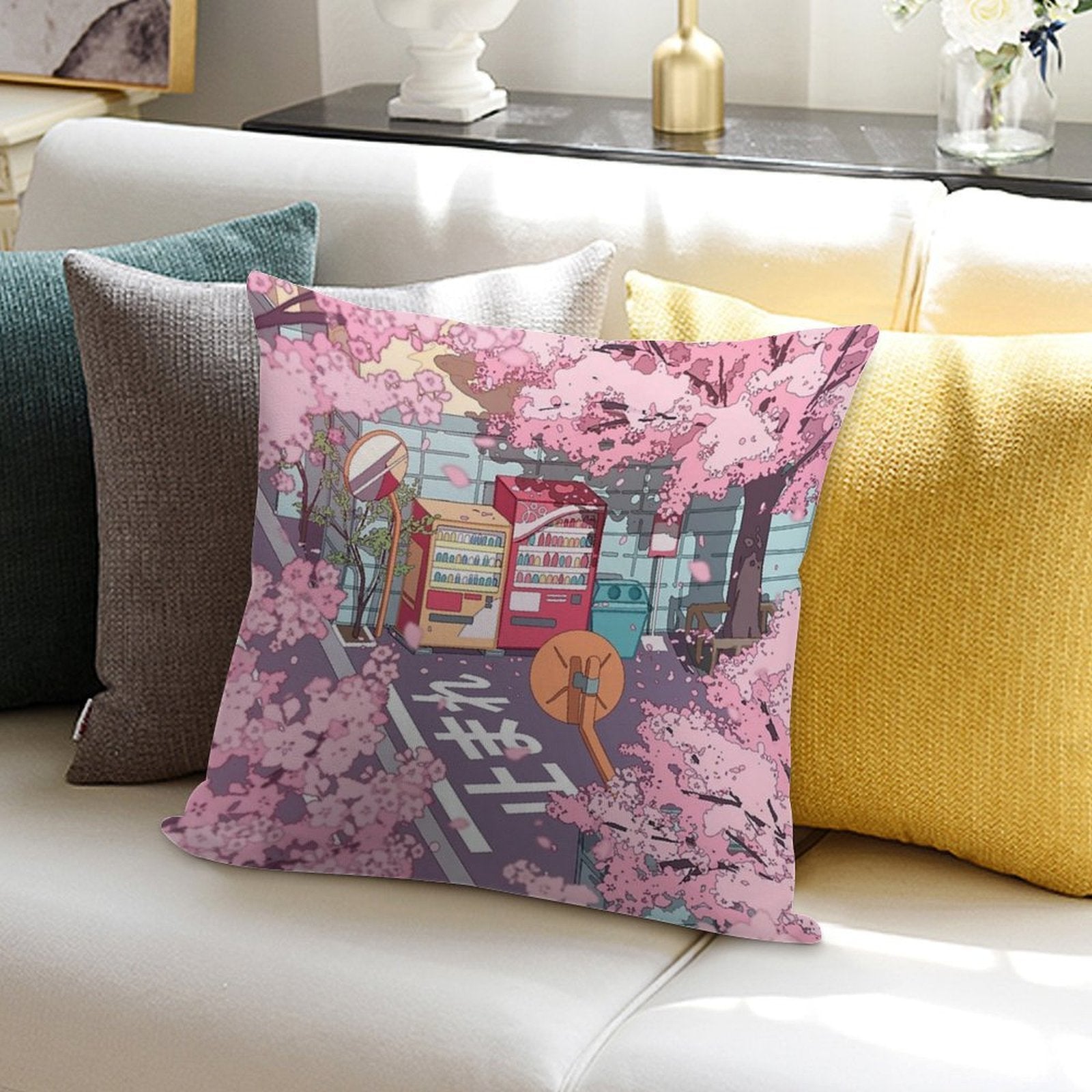 A Beautiful Aesthetic Tokyo Street And  The Pink Sakura Tree Blossom Soft Bedroom Essential Throw Pillow