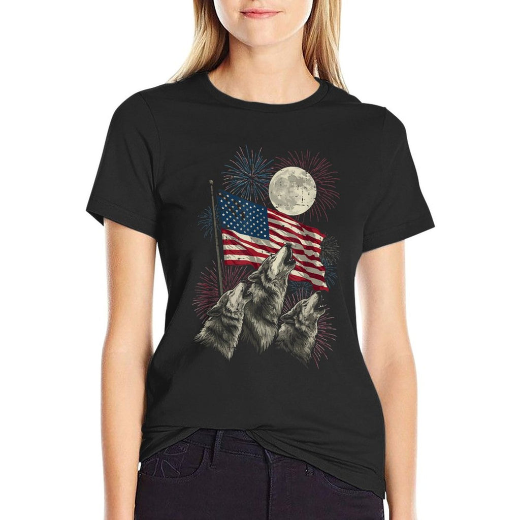 4th Of July Wolves Moon Meme Funny USA Men Women Kids  Quick-drying T-Shirt