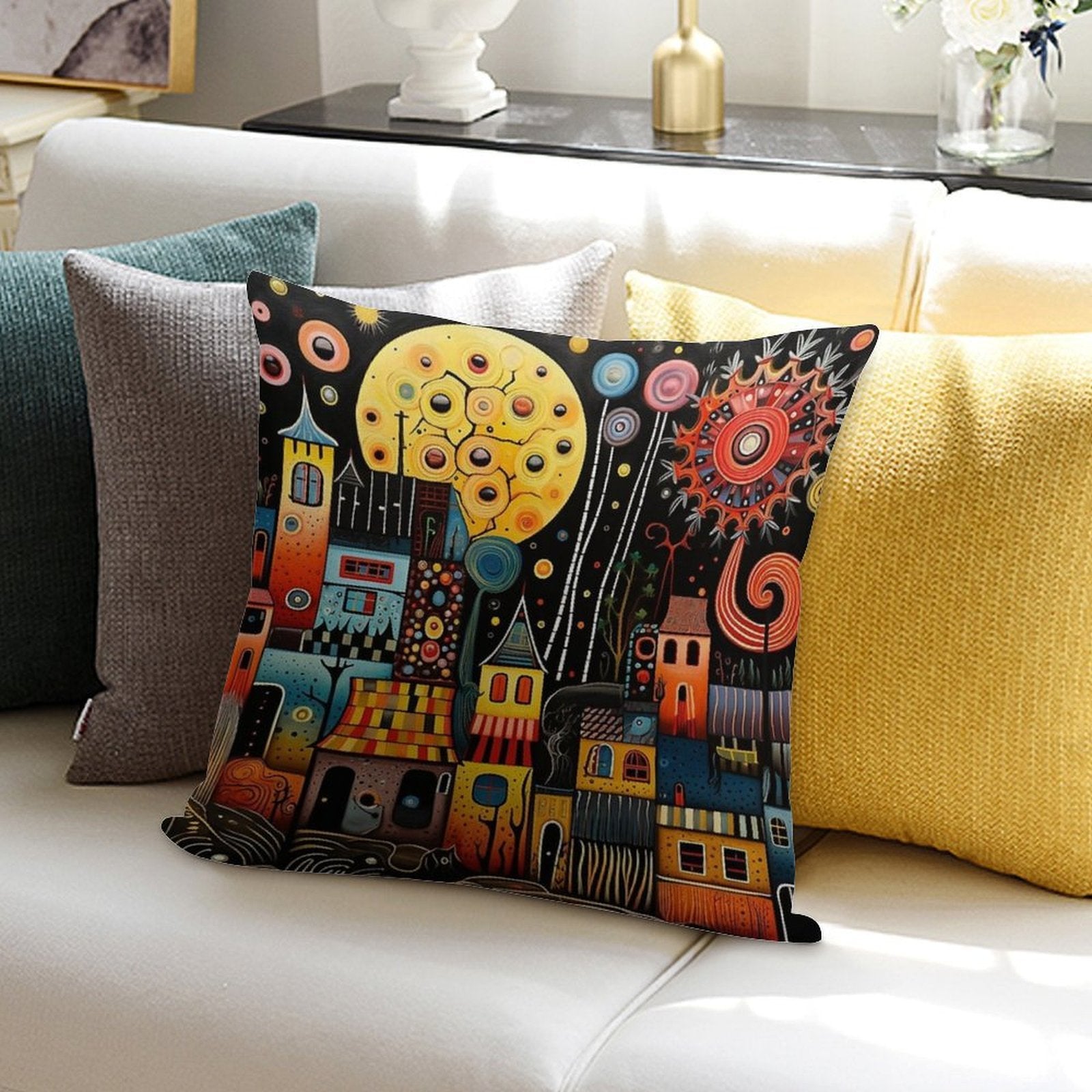 Abstract Folk Art Village Soft Anti-Pilling Throw Pillow