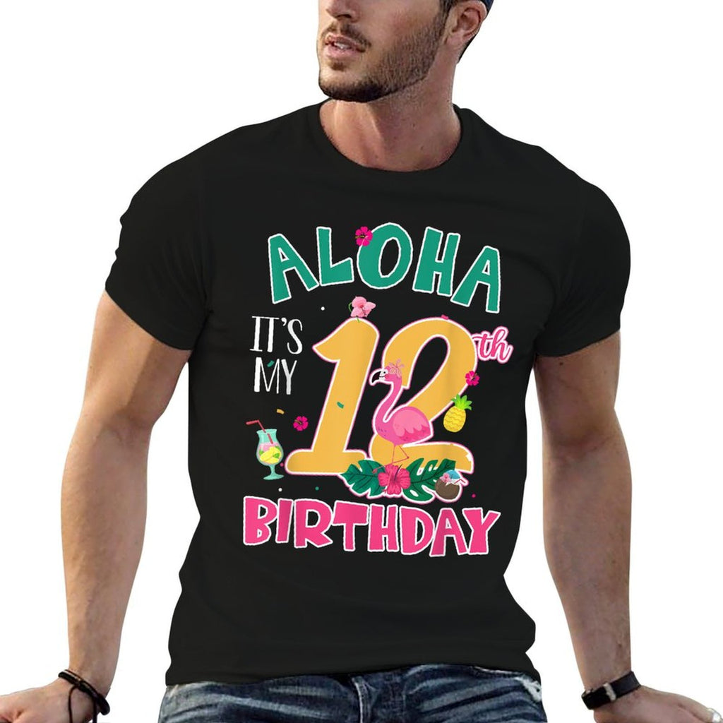 Aloha It's My 12th Birthday Flamingo Hawaii 12 Yr Old Girl  Heathered Texture T-Shirt