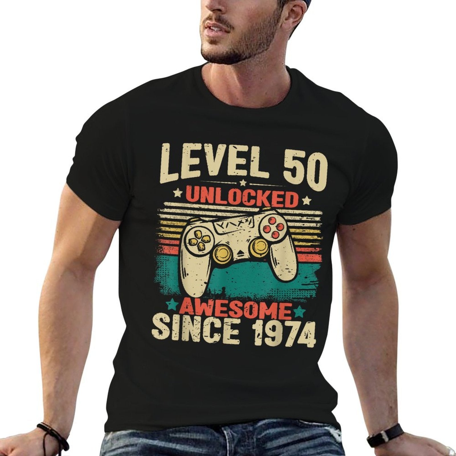 50 Birthday Decorations Gamer Men Video 1974 50th Birthday  Fade-proof Color T-Shirt