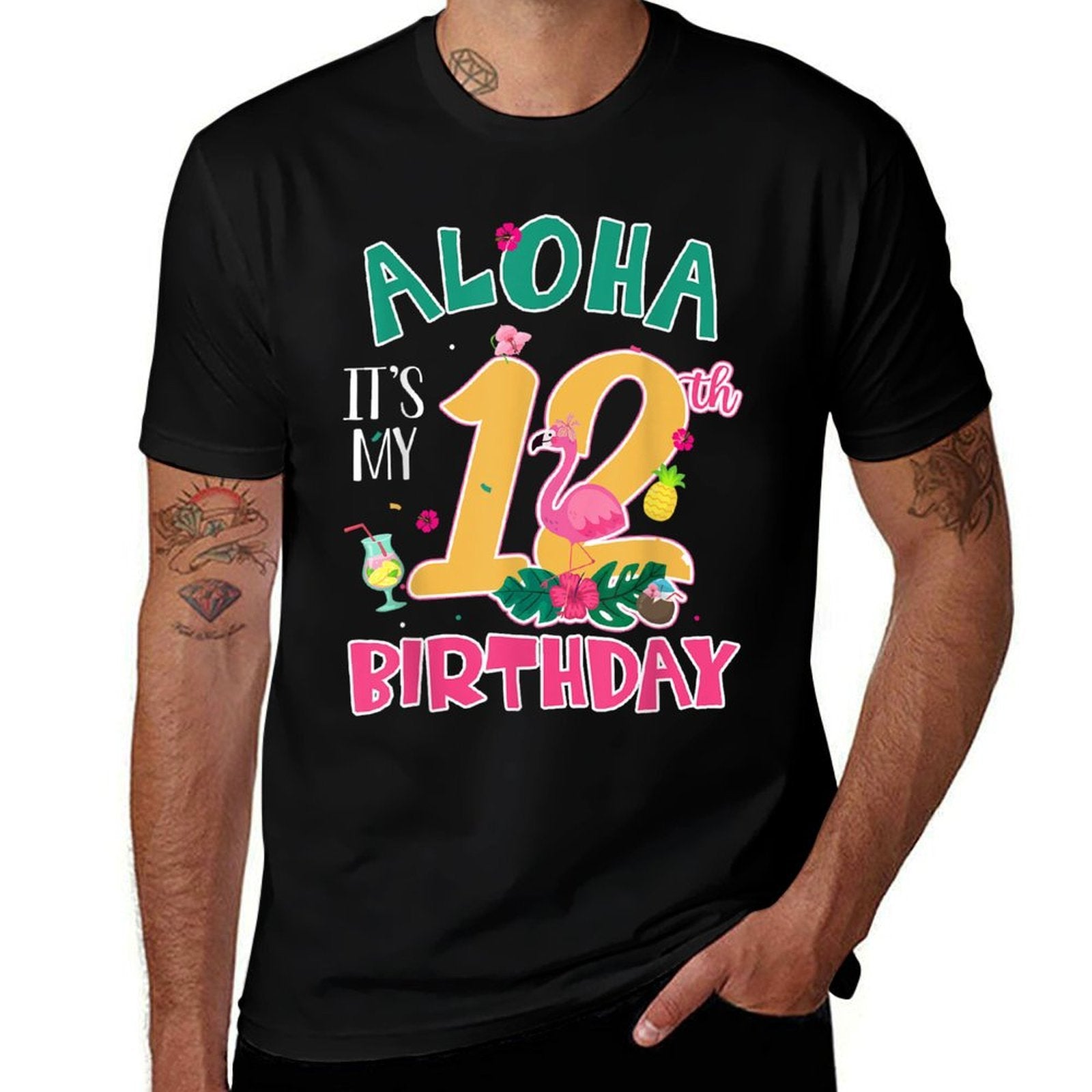 Aloha It's My 12th Birthday Flamingo Hawaii 12 Yr Old Girl  Heathered Texture T-Shirt