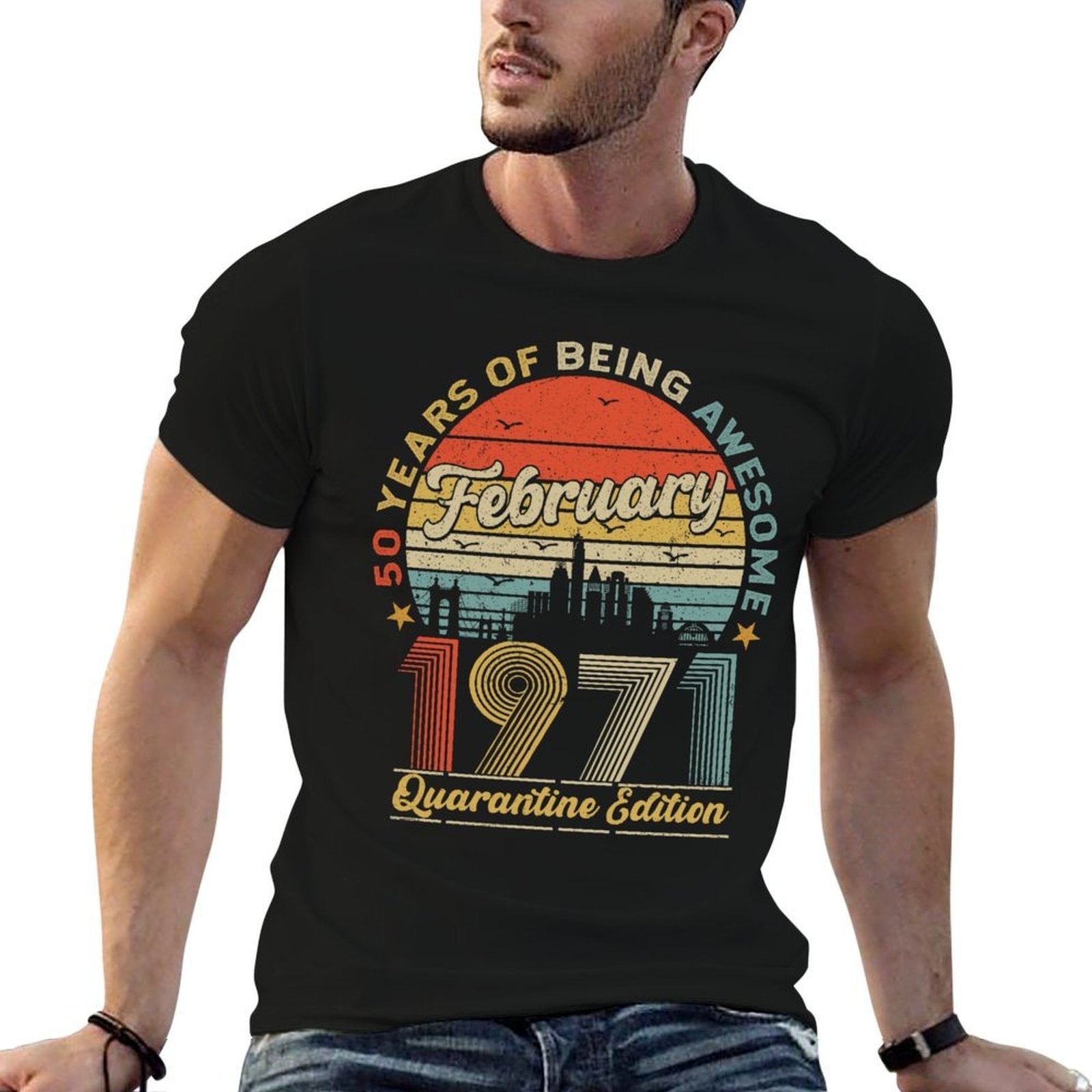 50th Birthday Decoration February 1971 Men Women 50Years Old  Ribbed Collar T-Shirt