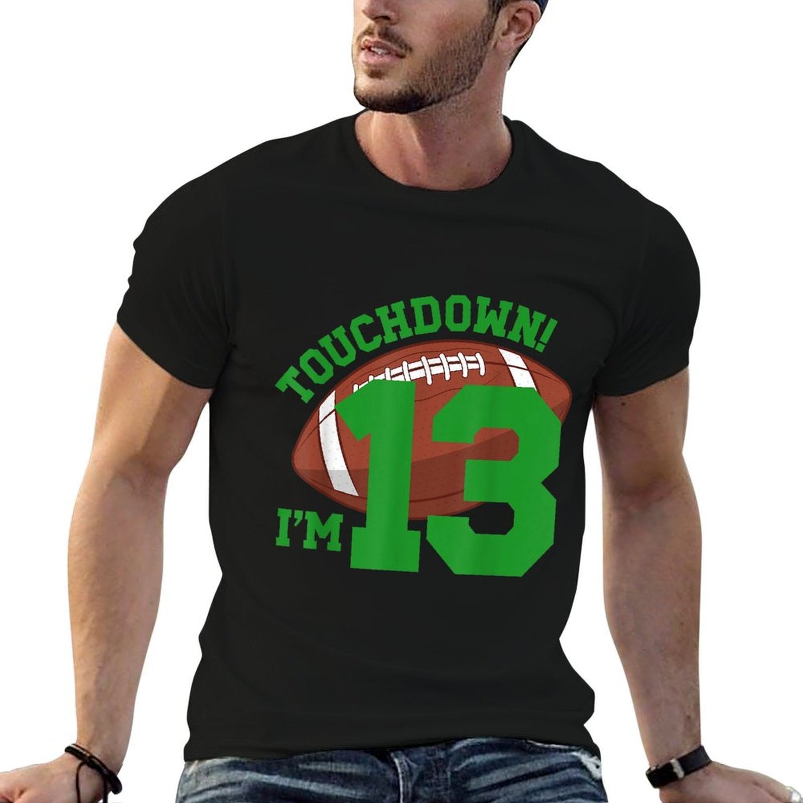 13th Birthday Football Thirteen Year Old Football Player  Ribbed Collar T-Shirt