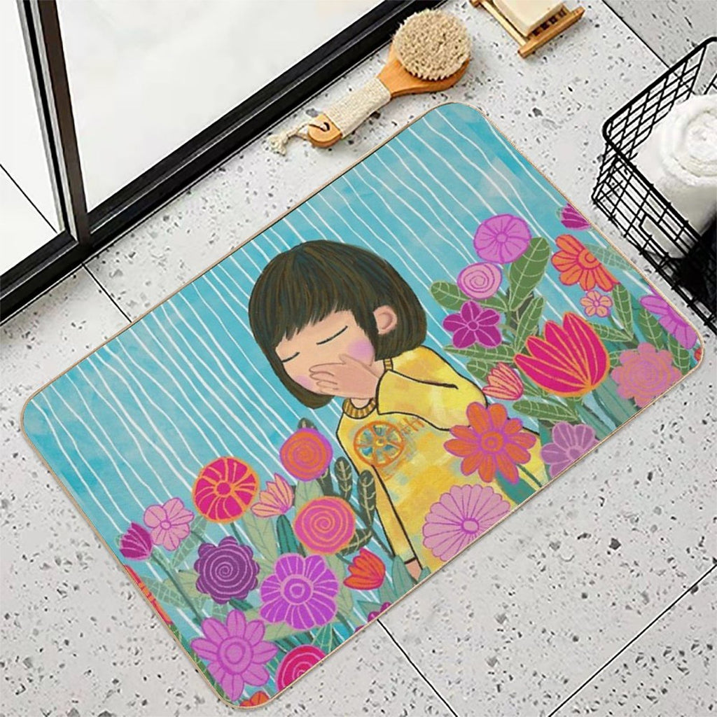 Flower Garden Girl – Healing Illustration  Repositionable Bath Mat
