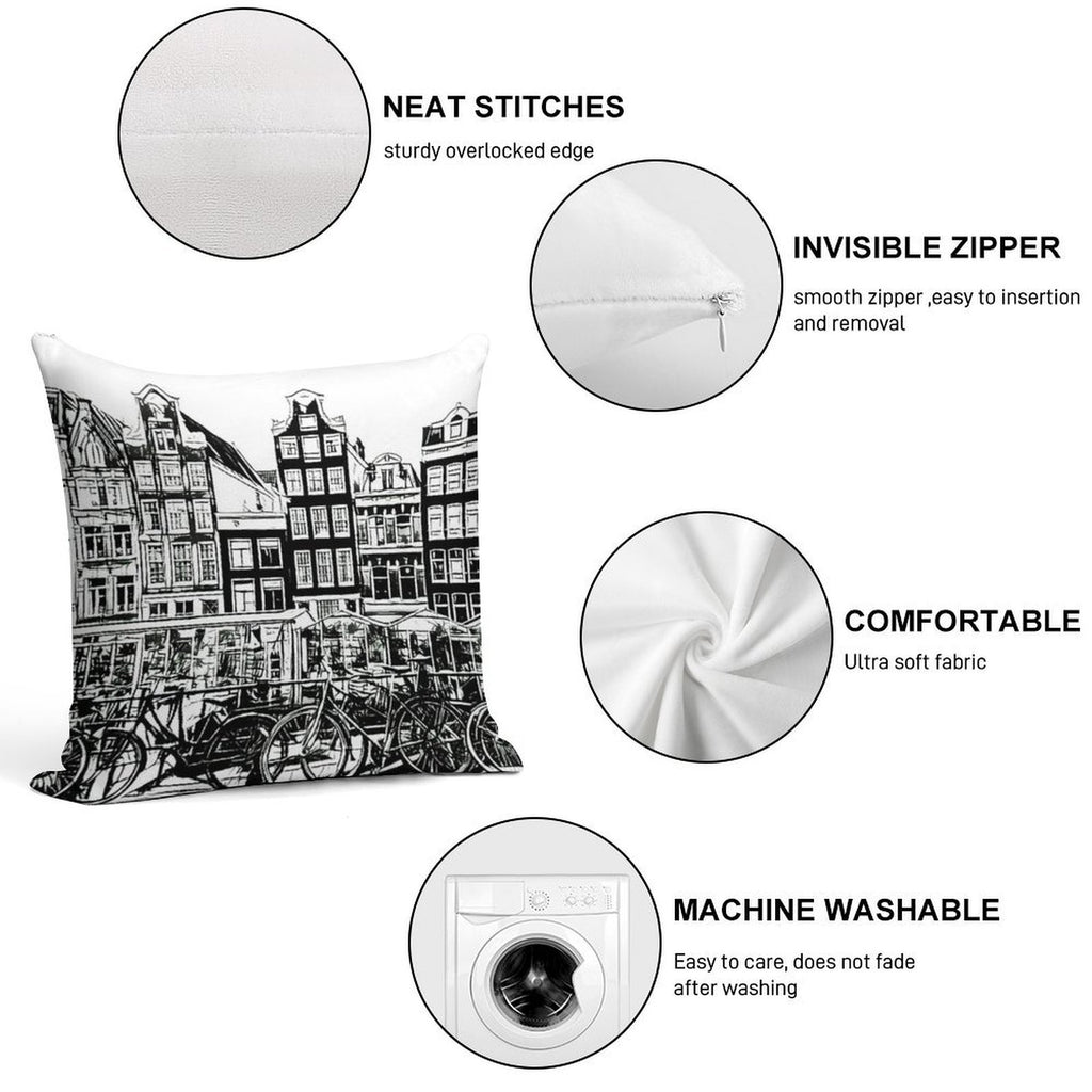 Amsterdam Row Houses, Black And White Soft Hidden Zipper Throw Pillow