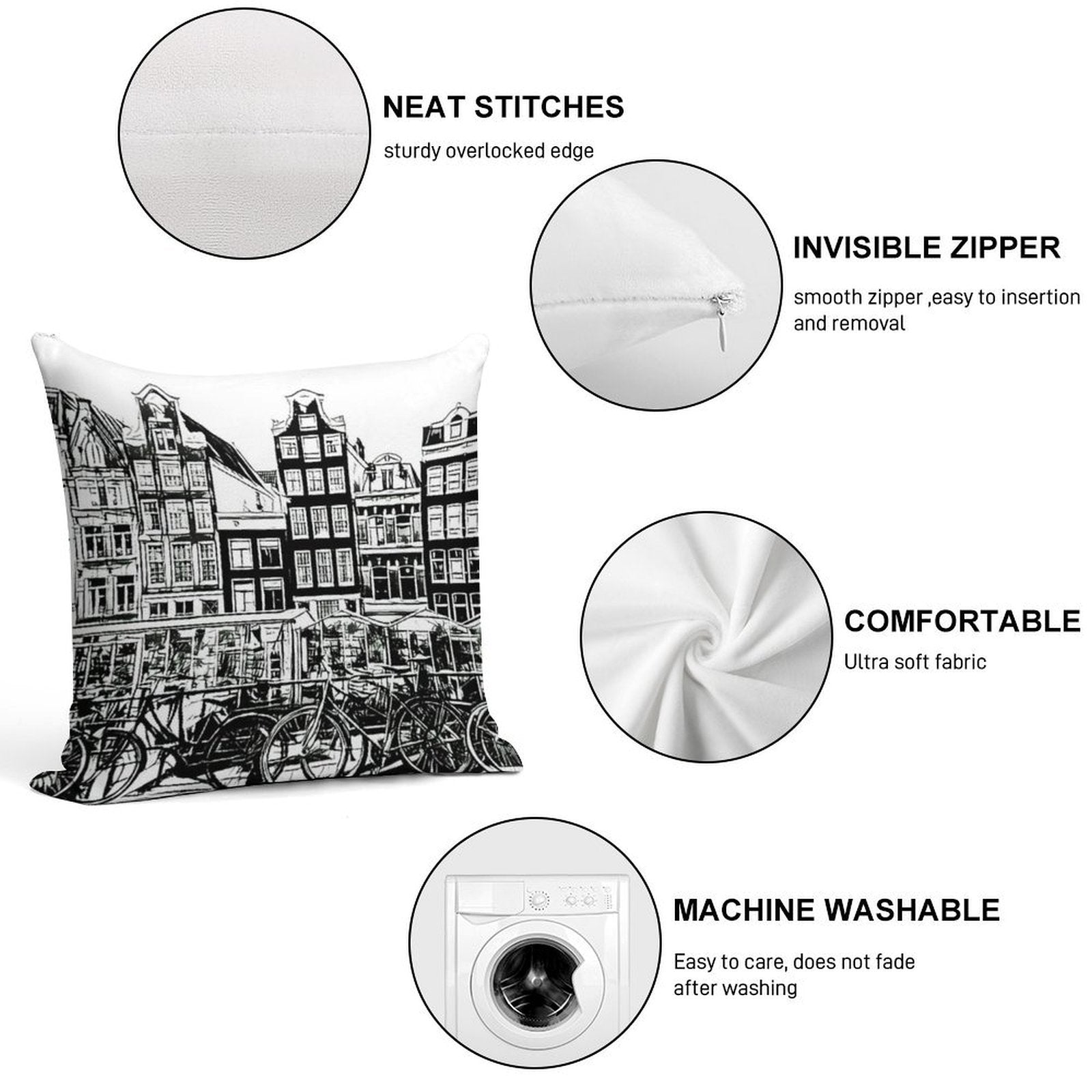 Amsterdam Row Houses, Black And White Soft Hidden Zipper Throw Pillow