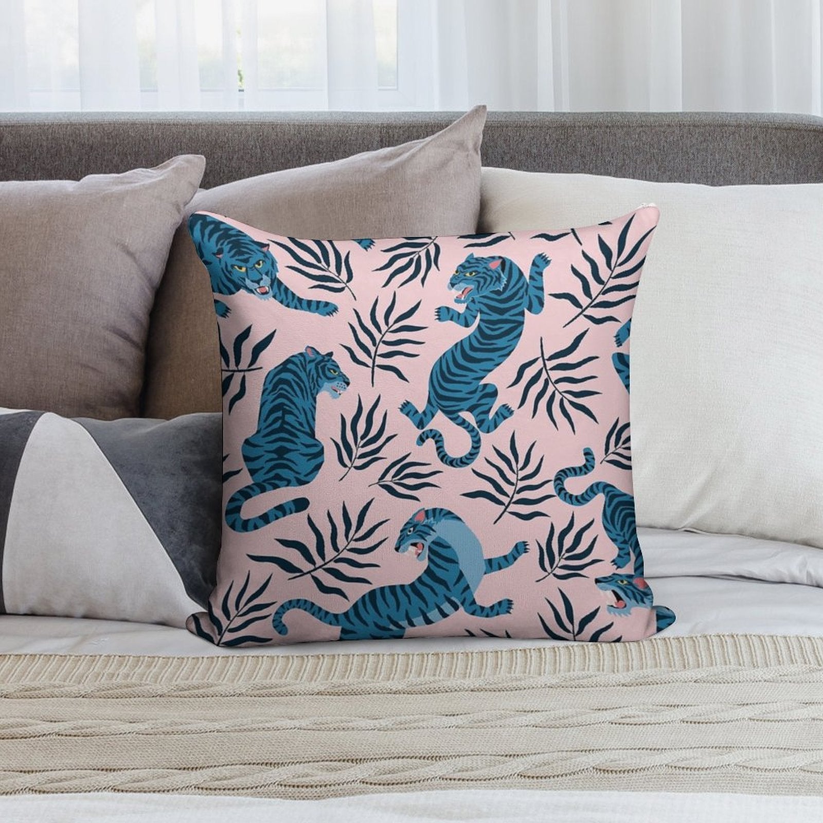 Asian Tigers And Tropical Leaves Soft Reinforced Edging Throw Pillow