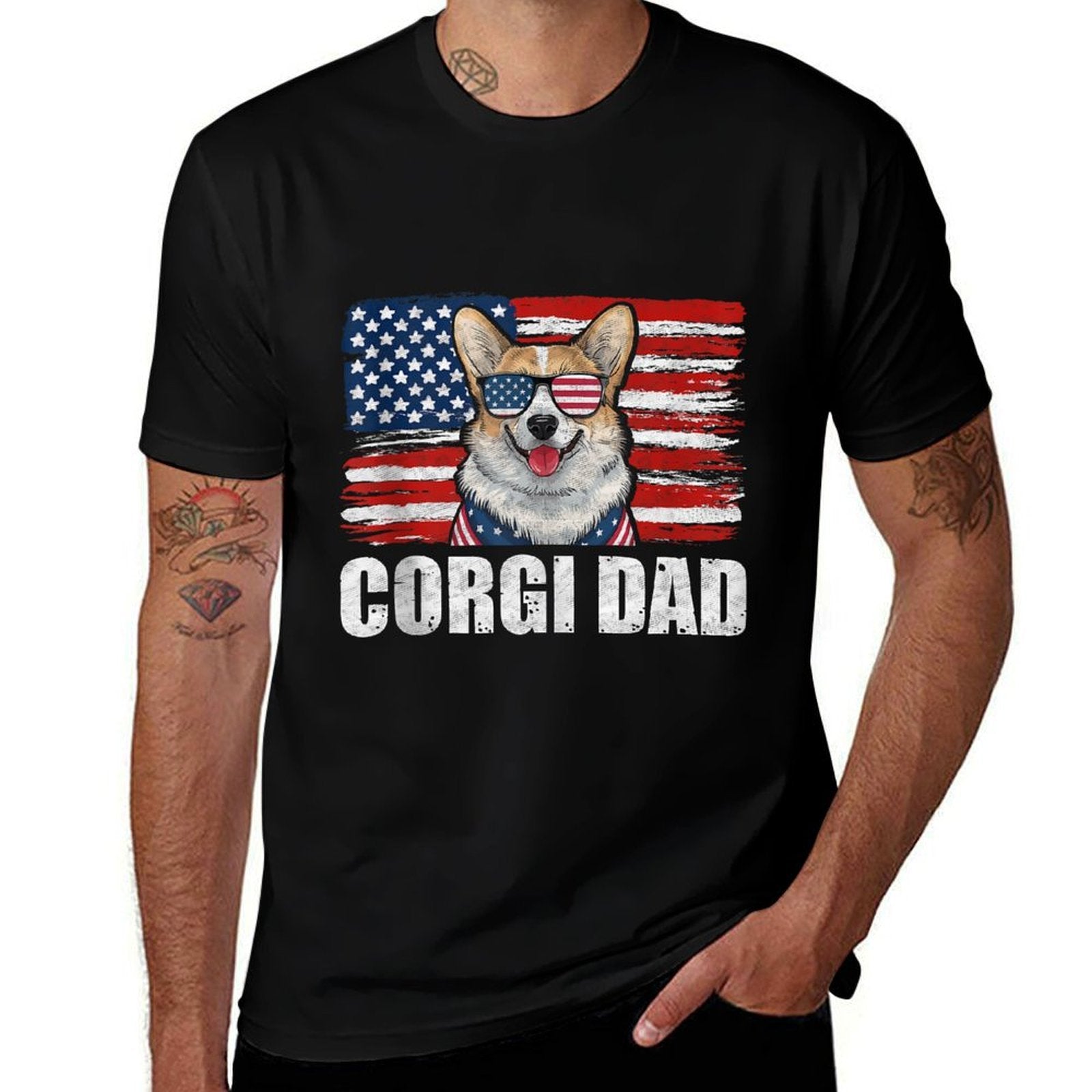 American Patriotic Dog Lover 4th of July - Corgi Dad  Rolled Sleeves T-Shirt