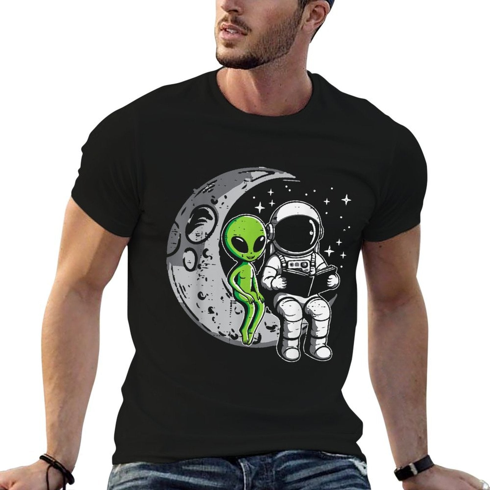 Astronaut Reading Book To Alien Moon Space Women Kids Men  Cotton T-Shirt