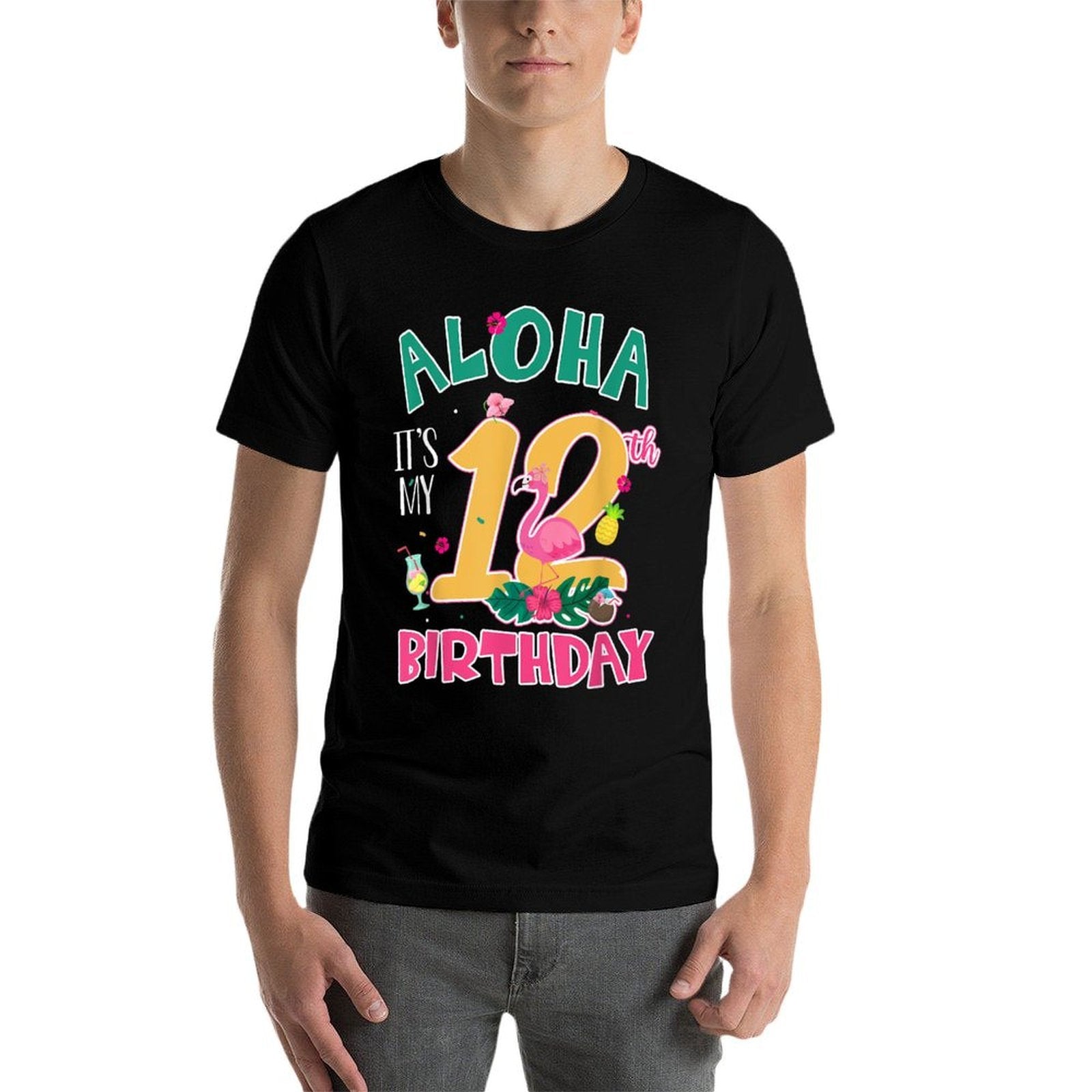 Aloha It's My 12th Birthday Flamingo Hawaii 12 Yr Old Girl  Heathered Texture T-Shirt