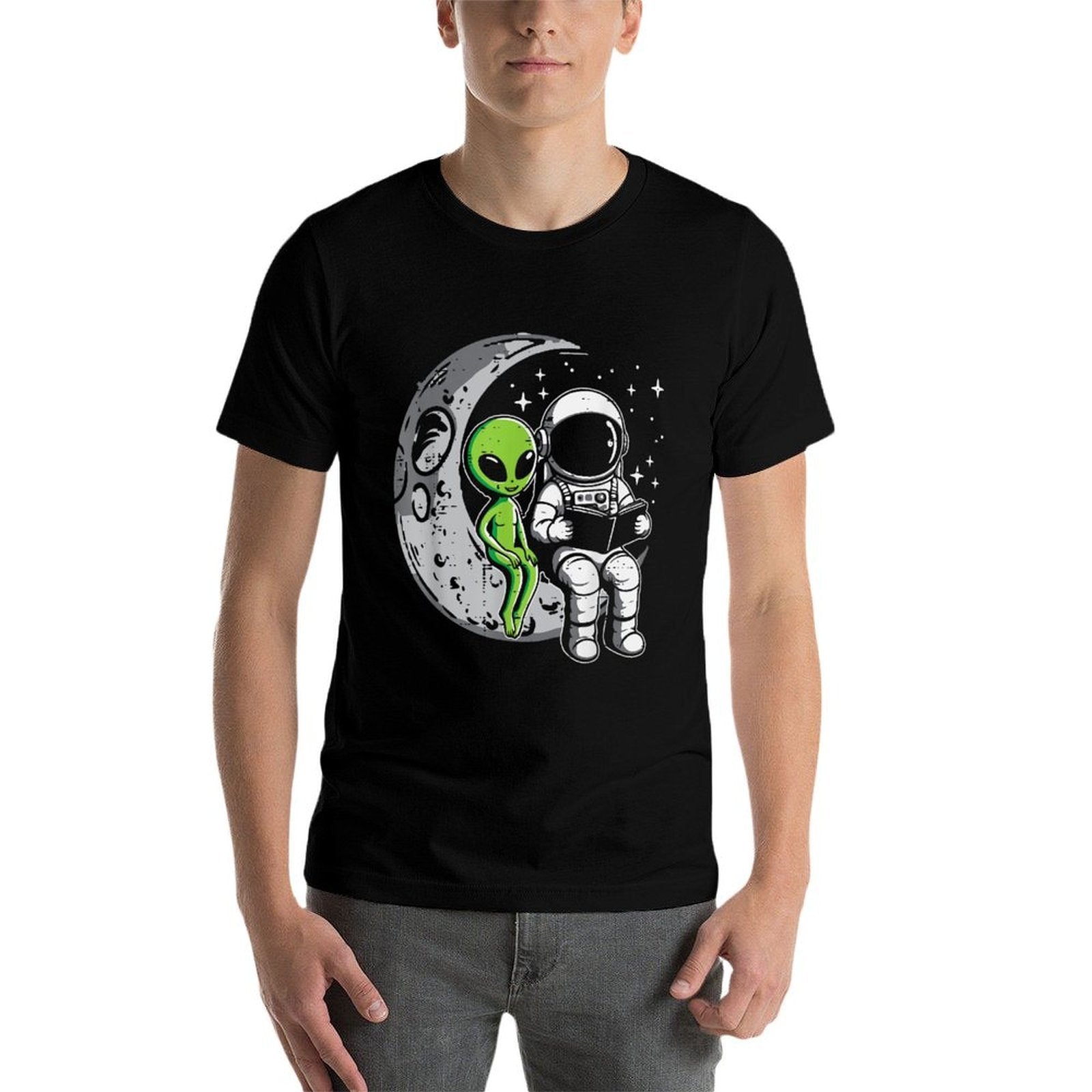 Astronaut Reading Book To Alien Moon Space Women Kids Men  Cotton T-Shirt