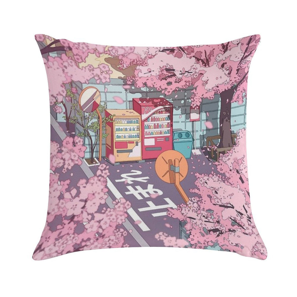 A Beautiful Aesthetic Tokyo Street And  The Pink Sakura Tree Blossom Soft Bedroom Essential Throw Pillow
