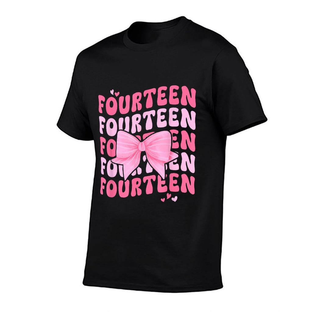 14 Year Old Coquette Bow Fourteenth Birthday Black Small Crew Neck Cotton, Polyester for Girls, 14th Birthday Celebrants  Breathable T-Shirt