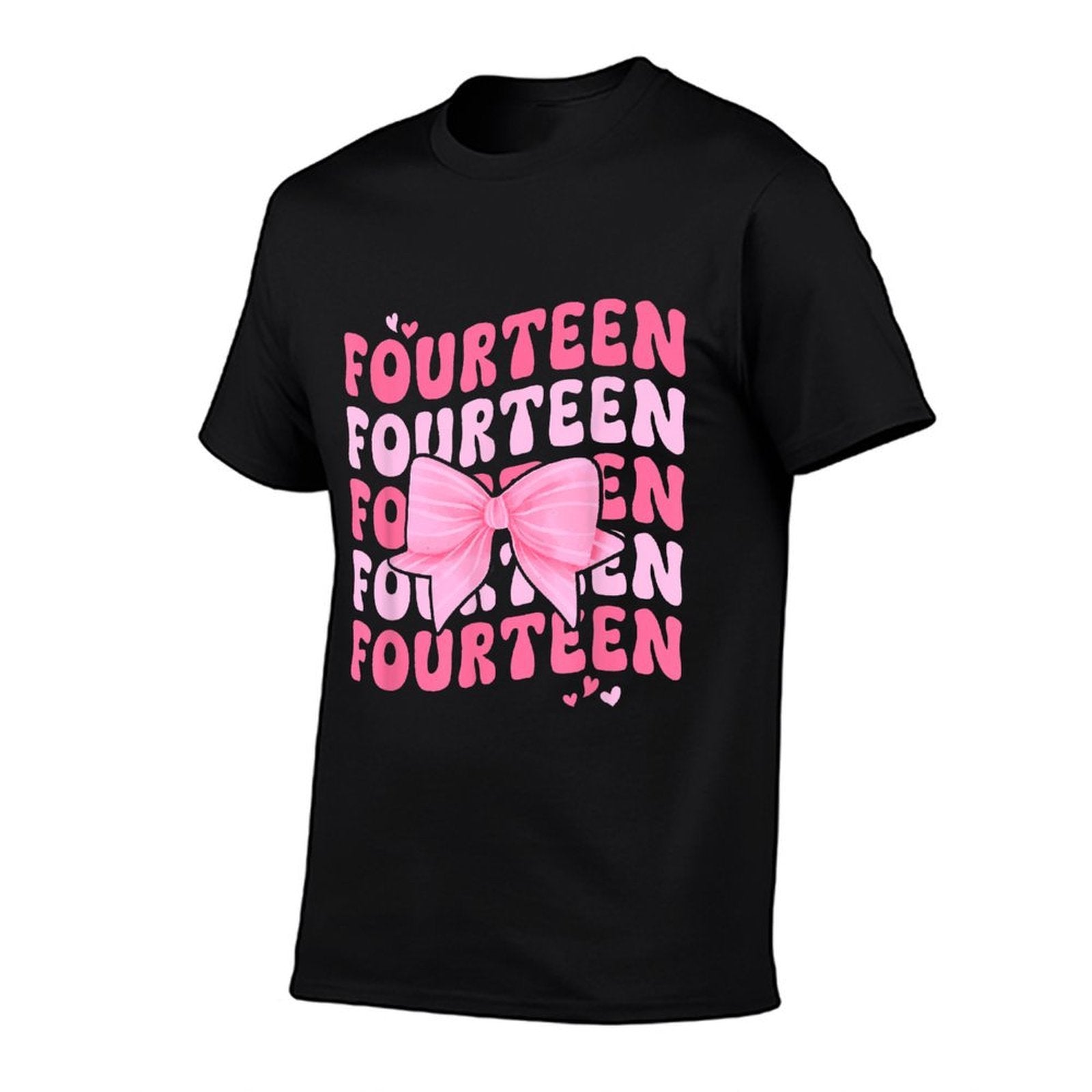 14 Year Old Coquette Bow Fourteenth Birthday Black Small Crew Neck Cotton, Polyester for Girls, 14th Birthday Celebrants  Breathable T-Shirt