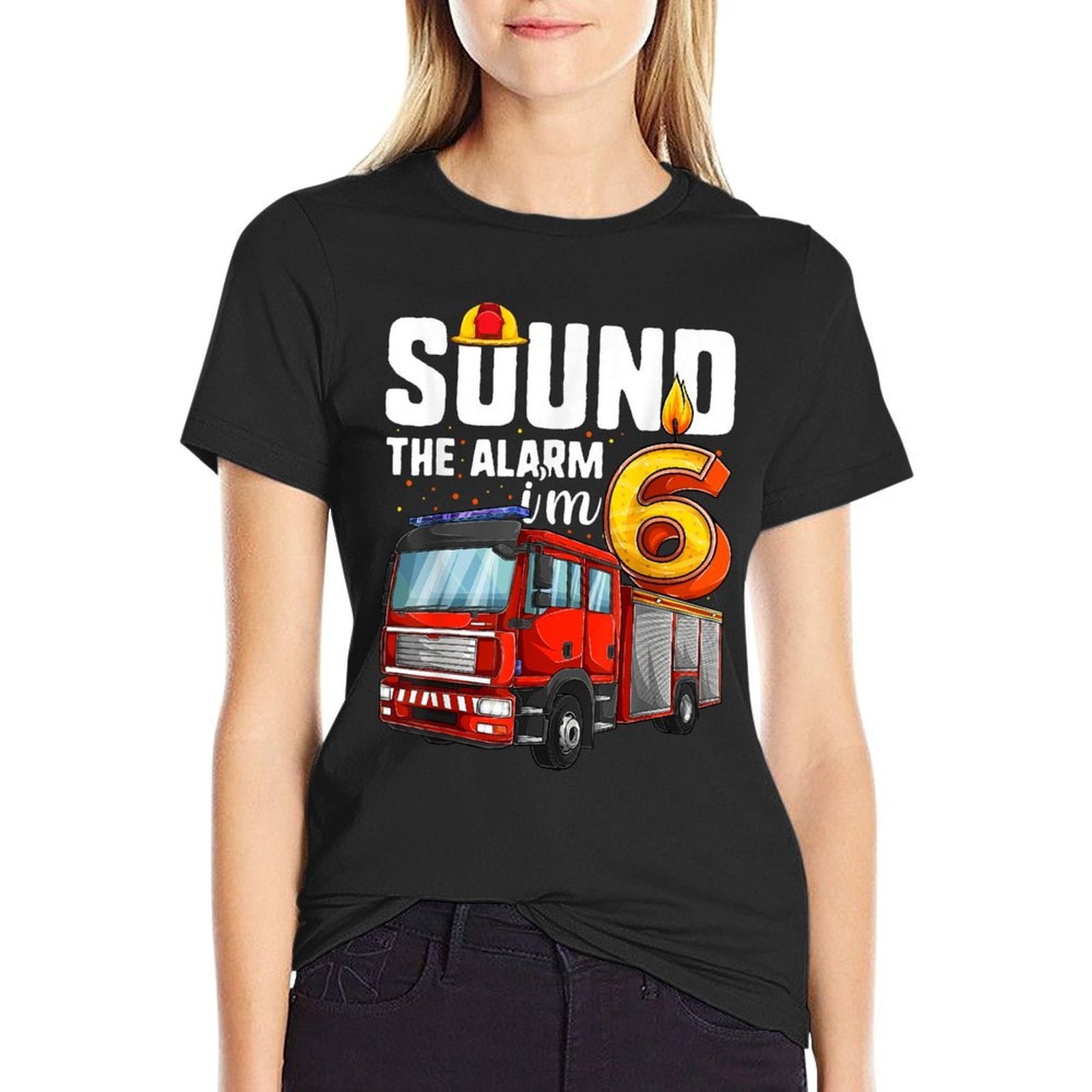 6 Years Old Firetruck, Birthday Boy Firefighter  Polyester Blend T-Shirt