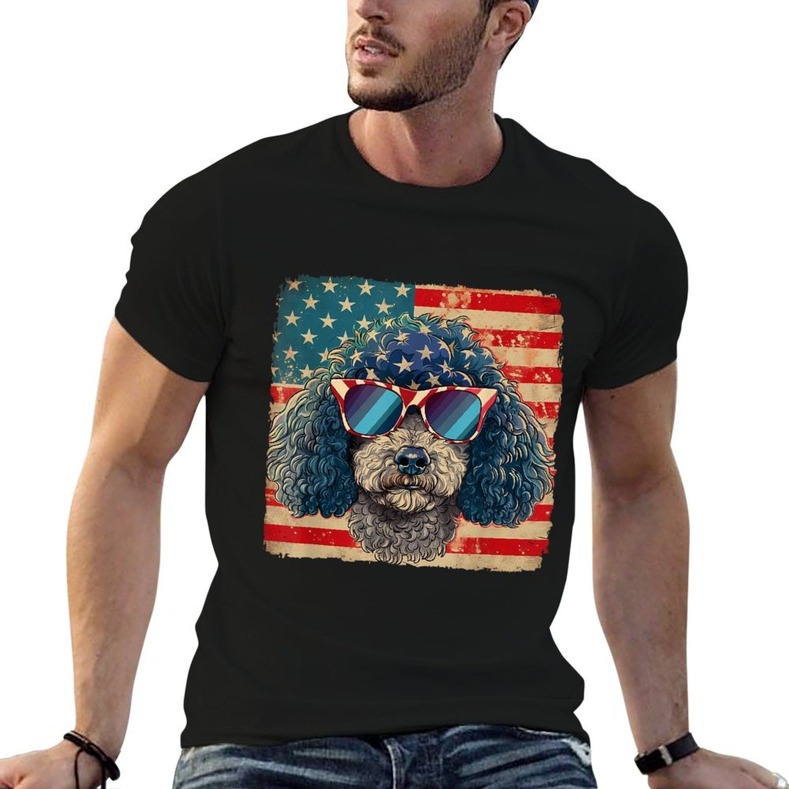 American Star Stripes Poodle Dog 4th of July Men Women  Eco-friendly Material T-Shirt