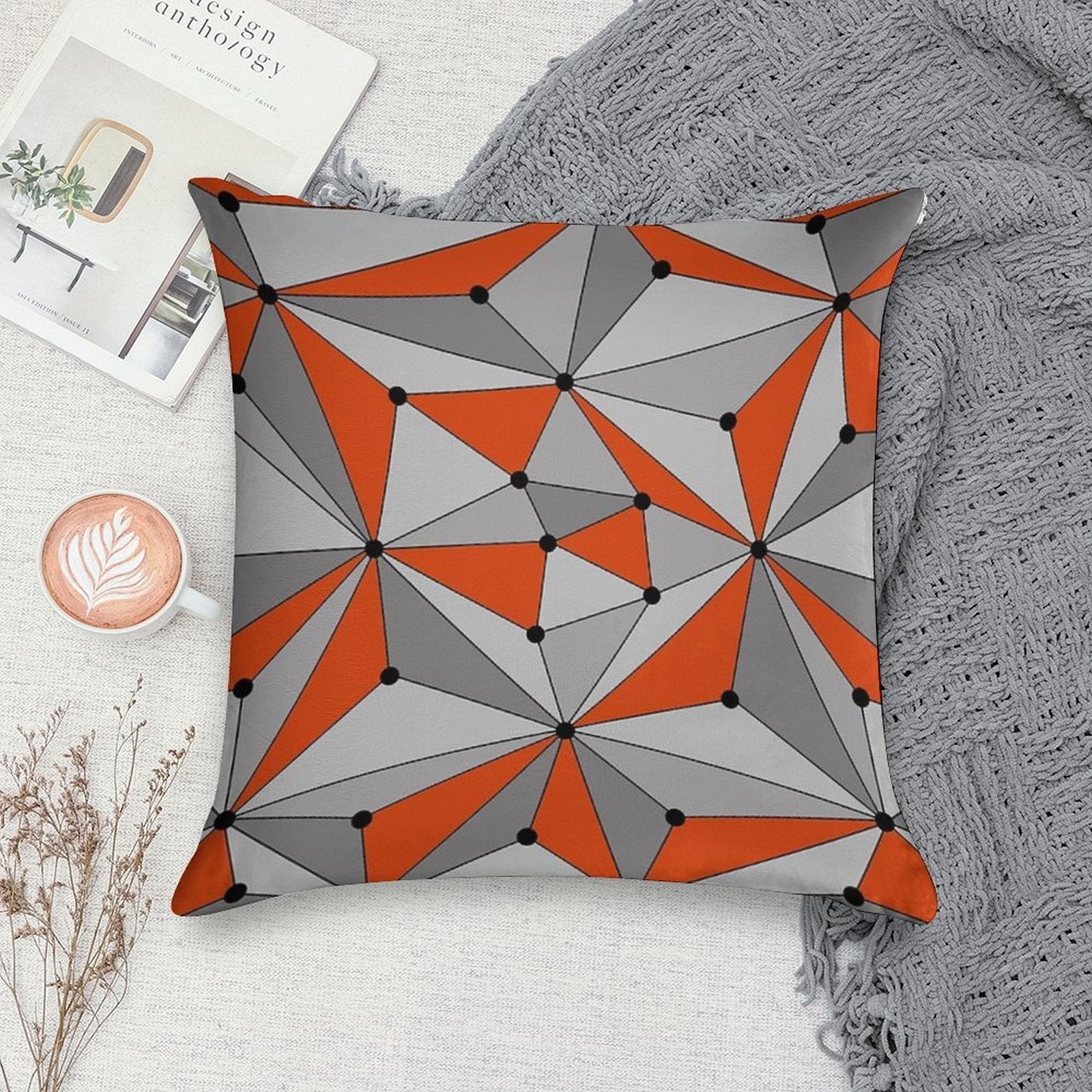 Abstract Geometric Pattern - Orange And Gray. Soft Decorative Cover Throw Pillow